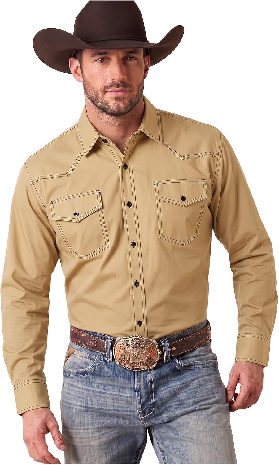 Men's Cowboy Shirt Regular Fit Cotton Western Shirt Long Sleeve Casual Button Down Shirts with Pockets Cowboy Outfit