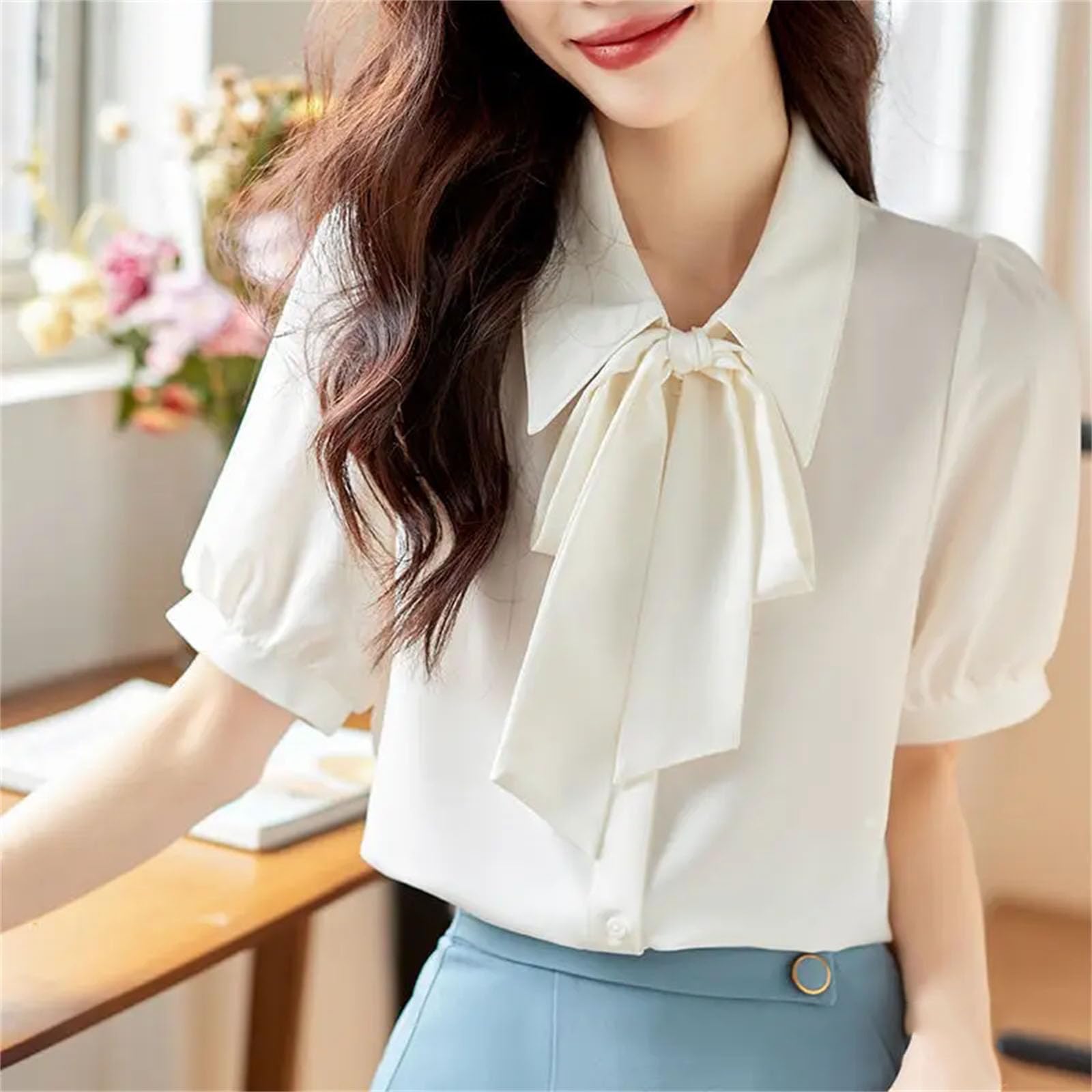 Camicetta patchwork con fiocco in chiffon bianco manica corta sciolto solido camicia da ufficio top abbigliamento casual da donna