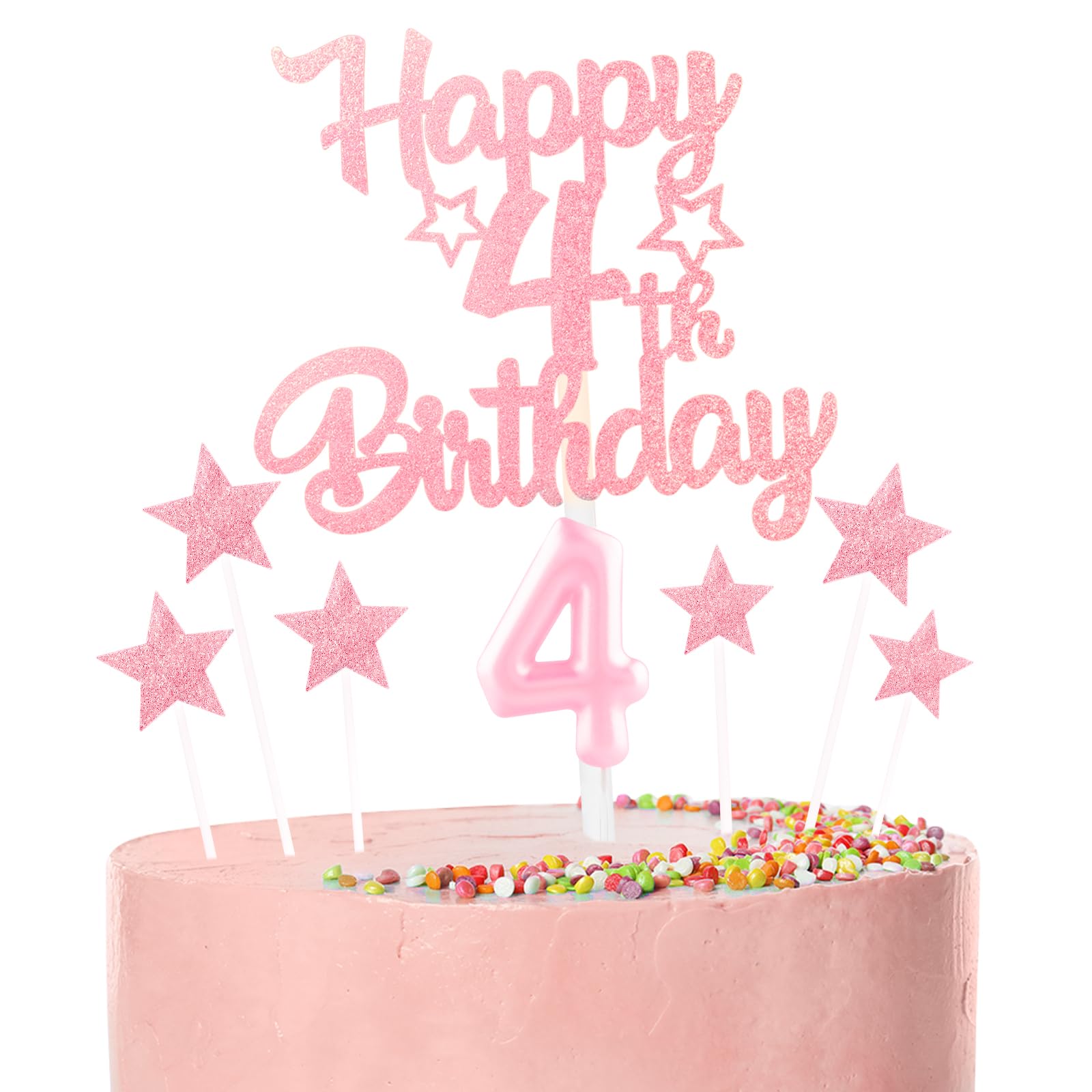 Pink Happy 4th Birthday Candles Cake Topper Set,Glitter Number 4 Birthday Candles with Pink 4th Birthday Cake Toppers Star Cupcake Toppers for Girls Anniversary Decorations โ image 1