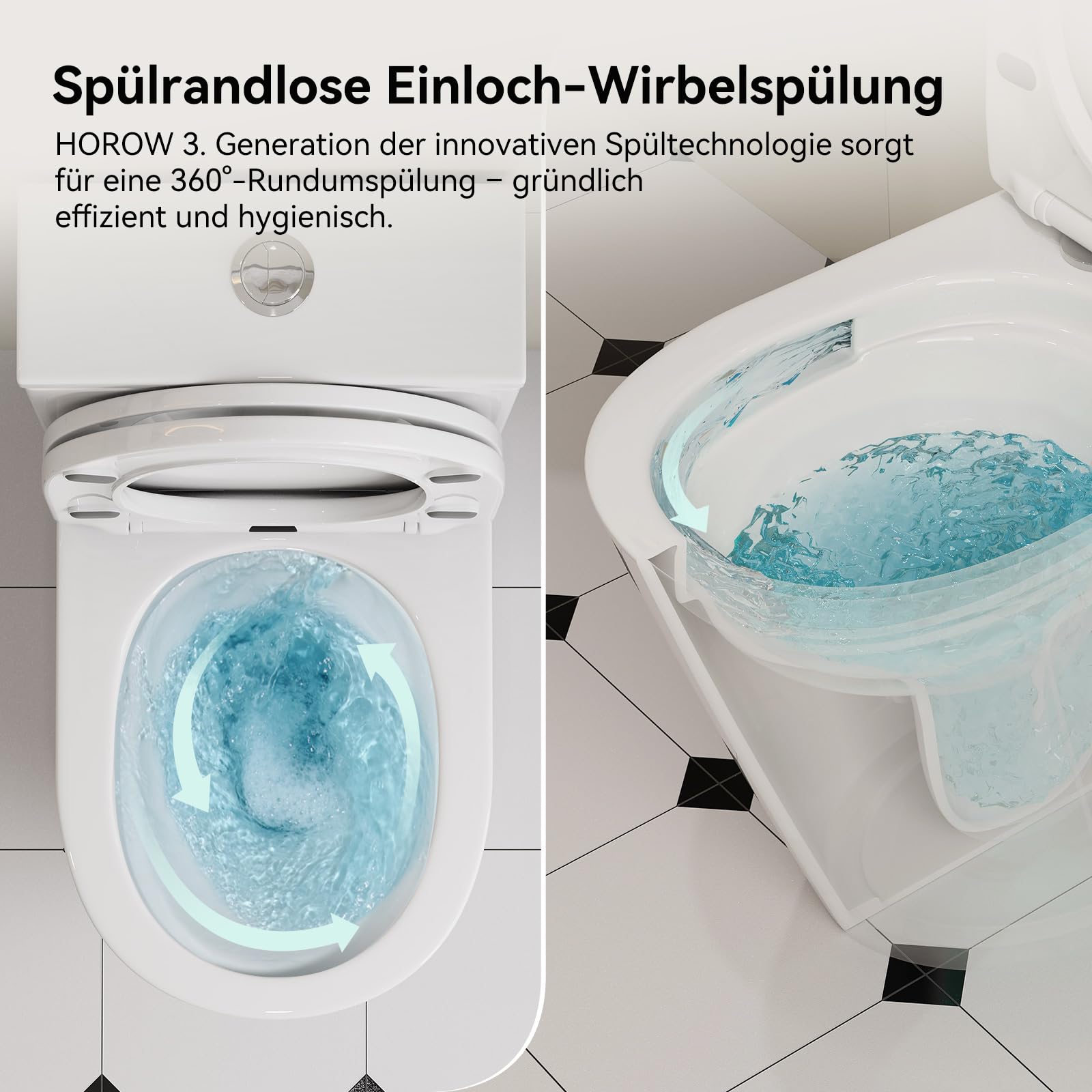 HOROW Stand WC mit Spülkasten Komplett Keramik, WC Spülrandlos mit Nano, WC Set Komplett Wandablauf Weiß, Stand Toilette mit Wirbelspülungsystem, Toilettendeckel mit Absenkautomatik, 60×37×82cm
