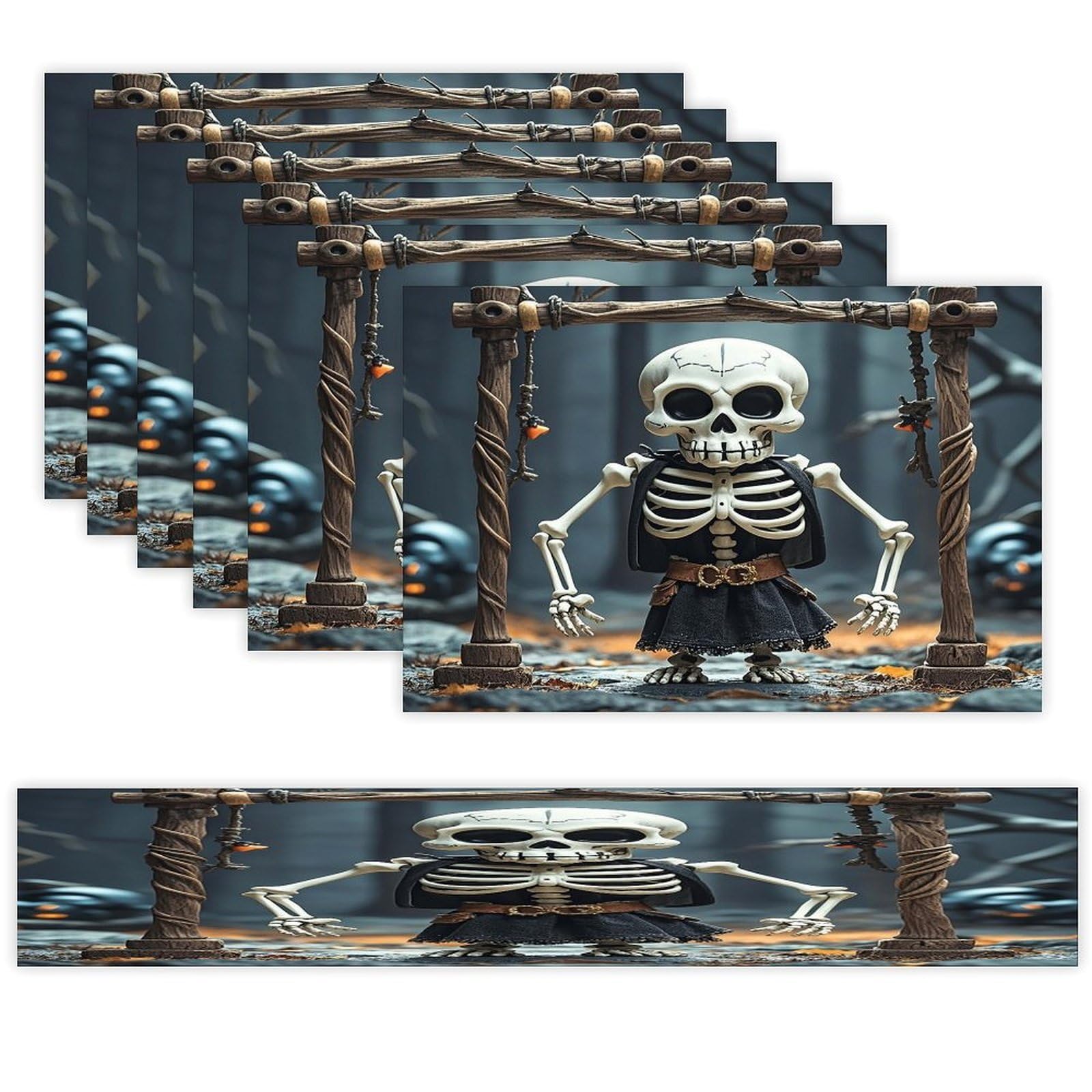 Skull Table Runner and Placemats of 6 Washable Heat Resistant Place Mats with Table Runner Vintage Holiday Table Mat Set for Holiday Party Kitchen Dining Deco