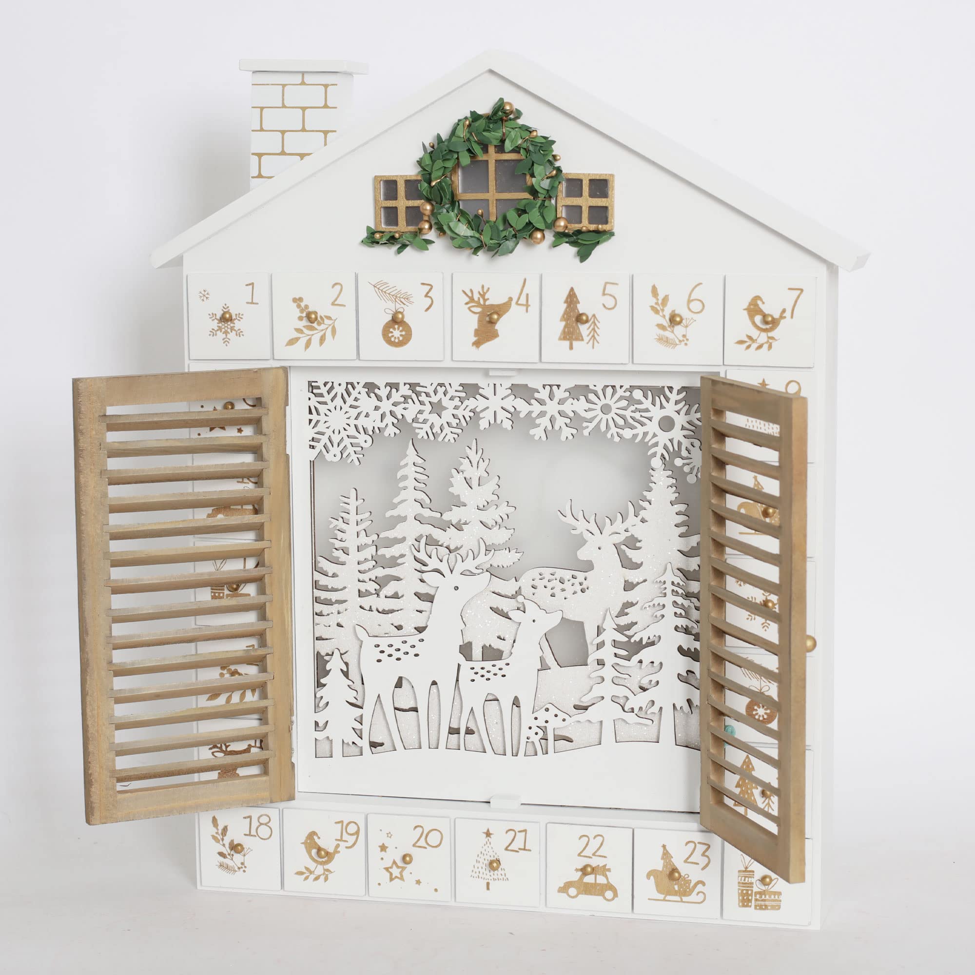 Holz Weihnachten Adventskalender Haus mit Jalousien Stil LEDs Rentier Wald Xmas Geschenke für Erwachsene