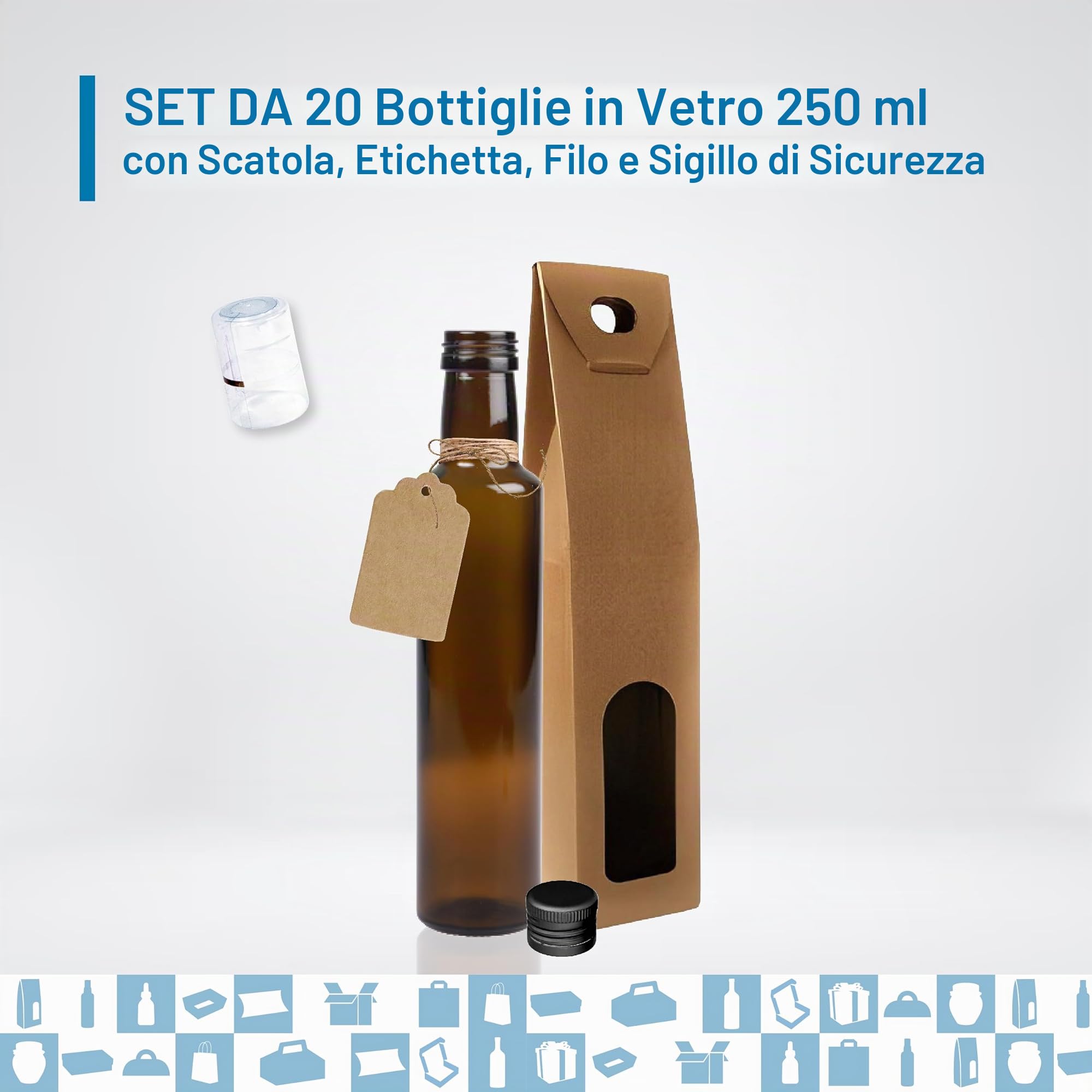 Set 20 Bottiglie di Vetro Scuro 250 ml con Tappo Nero + 20 Scatole, 20 Sigilli e 20 Etichette – Oliera Regalo per Olio e Aceto | Espirito Rebelde