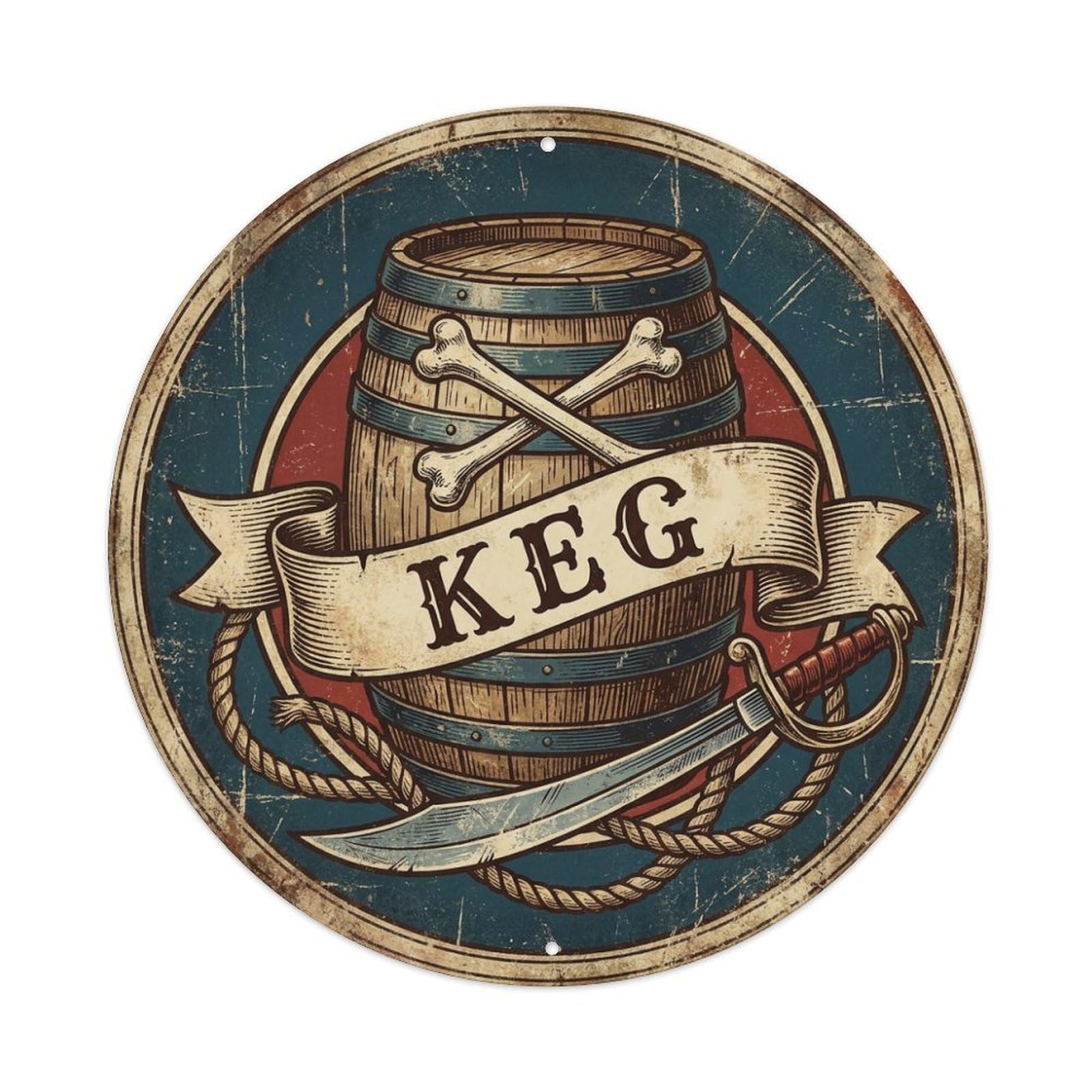 Keg Rum Barrel Crossbones Cutlass Buccaneer Label Metal Tin Sign