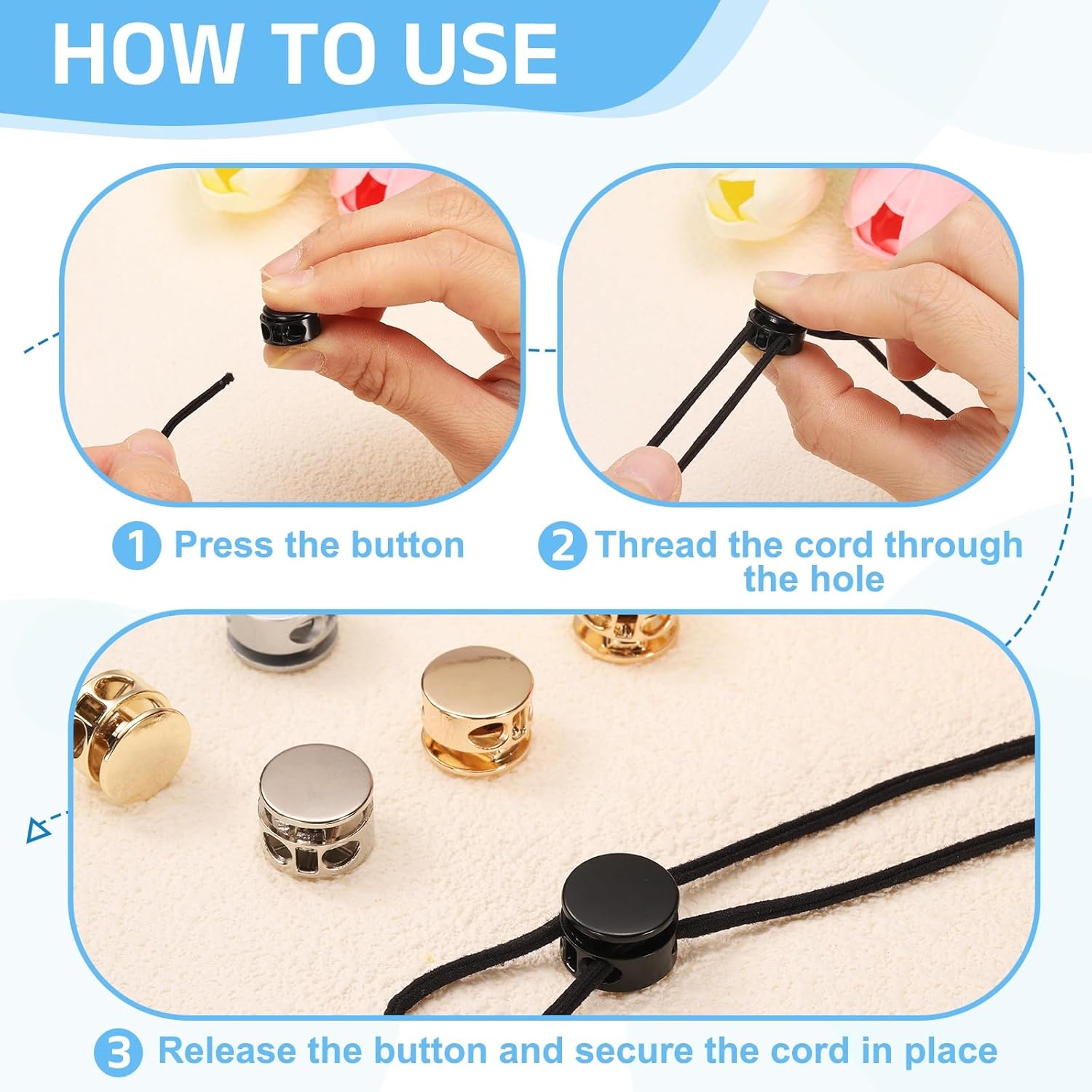 uxcell 10Pcs Double Hole Cord Locks, 4mm Round Metal Spring Toggle Stopper Clip for Shoelaces Drawstrings Paracord, Pearl Nickel - Image 4