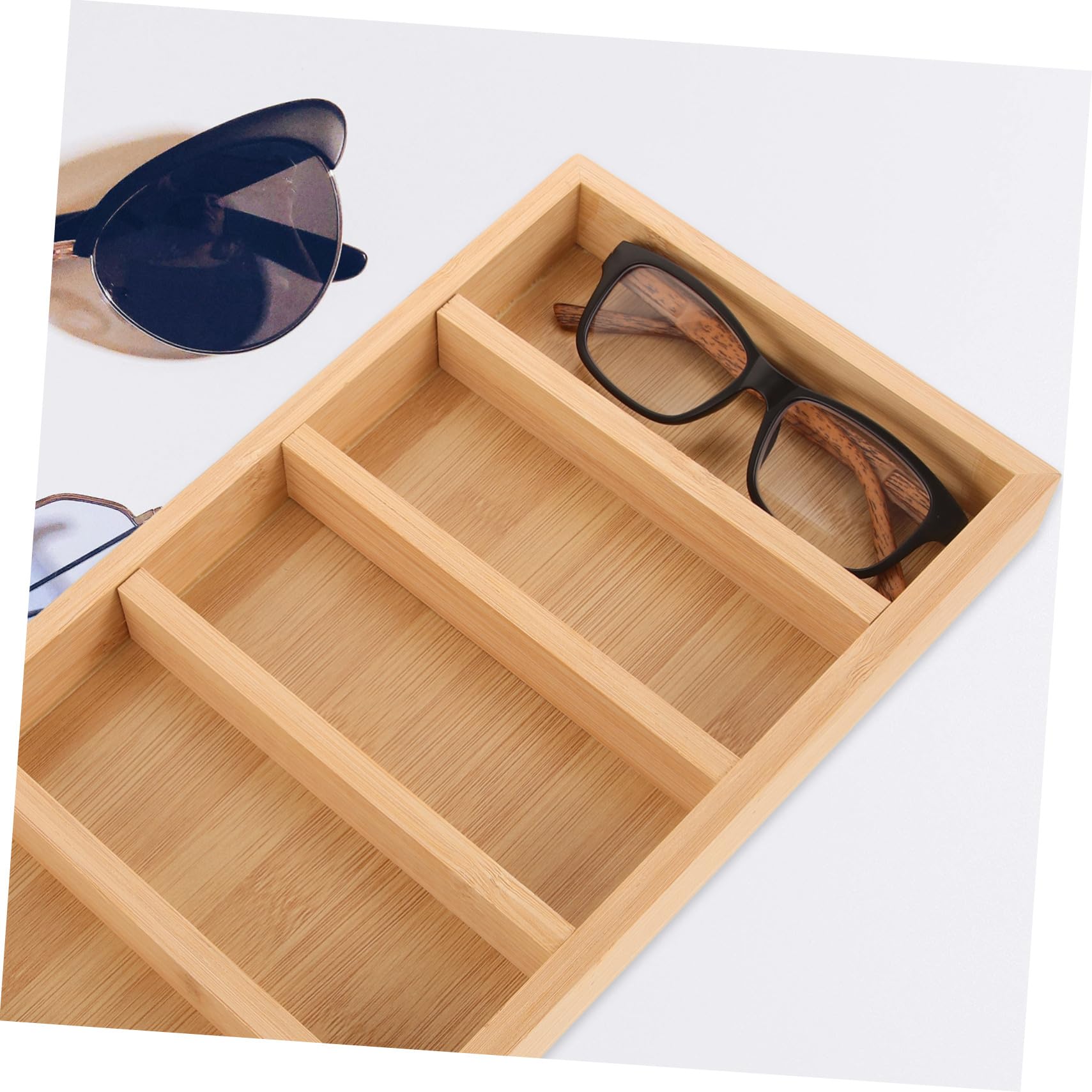 Bandeja Organizadora 5 Compartimentos 2 Piezas de Madera para Gafas de Sol | Khaki, Vitrina para Gafas de Sol para Tienda y Escaparate, Celebracion Verano, Organizador de Almacenamiento de Gafas de Sol