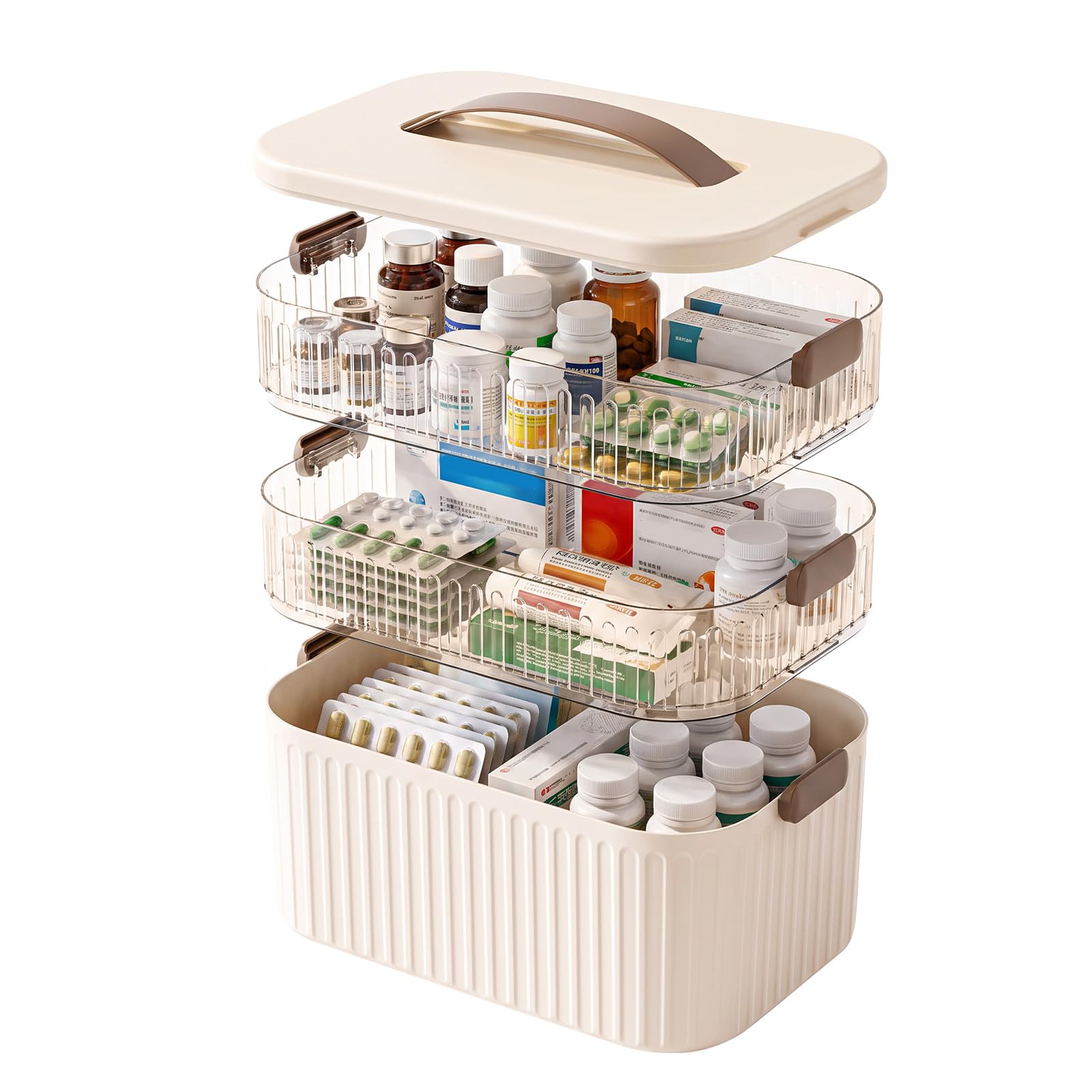 Scatola portaoggetti per medicinali, organizer multiuso a 3 strati, con maniglia portatile e chiusura a fibbia di sicurezza, grande organizer da scrivania per primo soccorso, per casa, ufficio, auto