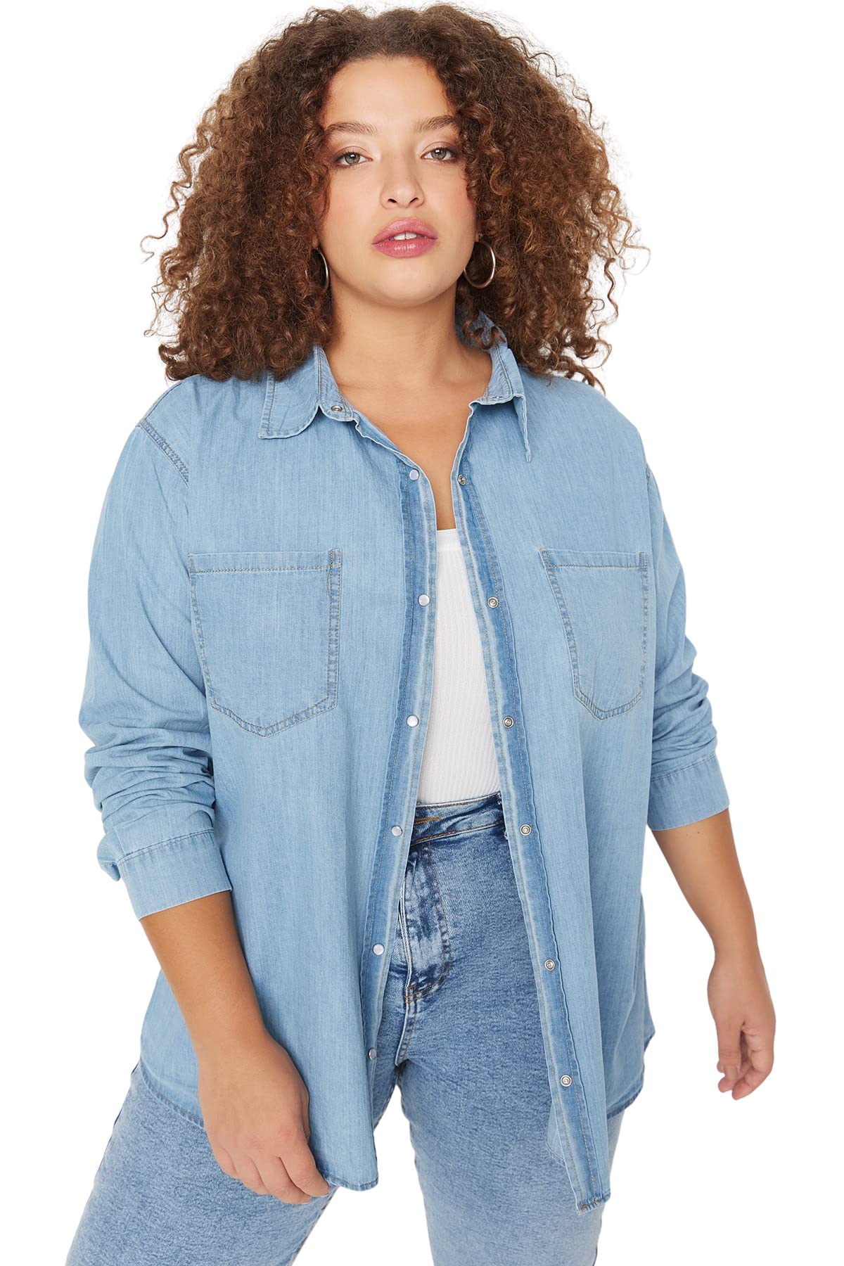 Trendyol Mujer, Camisa básica Ajustada con Cuello Polo, Talla Grande