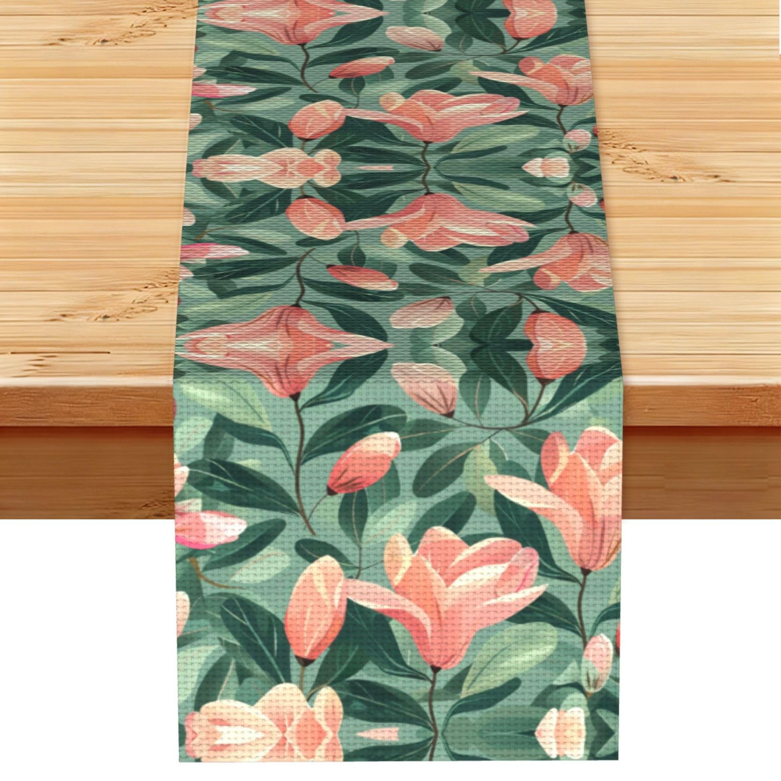 Elegant Peach Green Blooms Printed Table Runner 13 x 72, Wrinkle Resistant Decor for Dining Table Coffee Table Fireplace