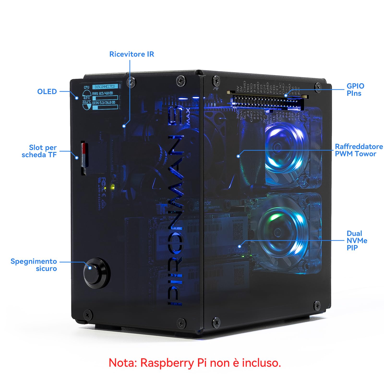 Pironman 5-MAX NVMe M.2 SSD PCIe Alloggiamento Raspberry Pi 5 NAS RAID 0/1 AI Acceleratore Hailo-8L PWM Ventole RGB 0,96" OLED Spegnimento sicuro HDMI (RPI5 non incluso)