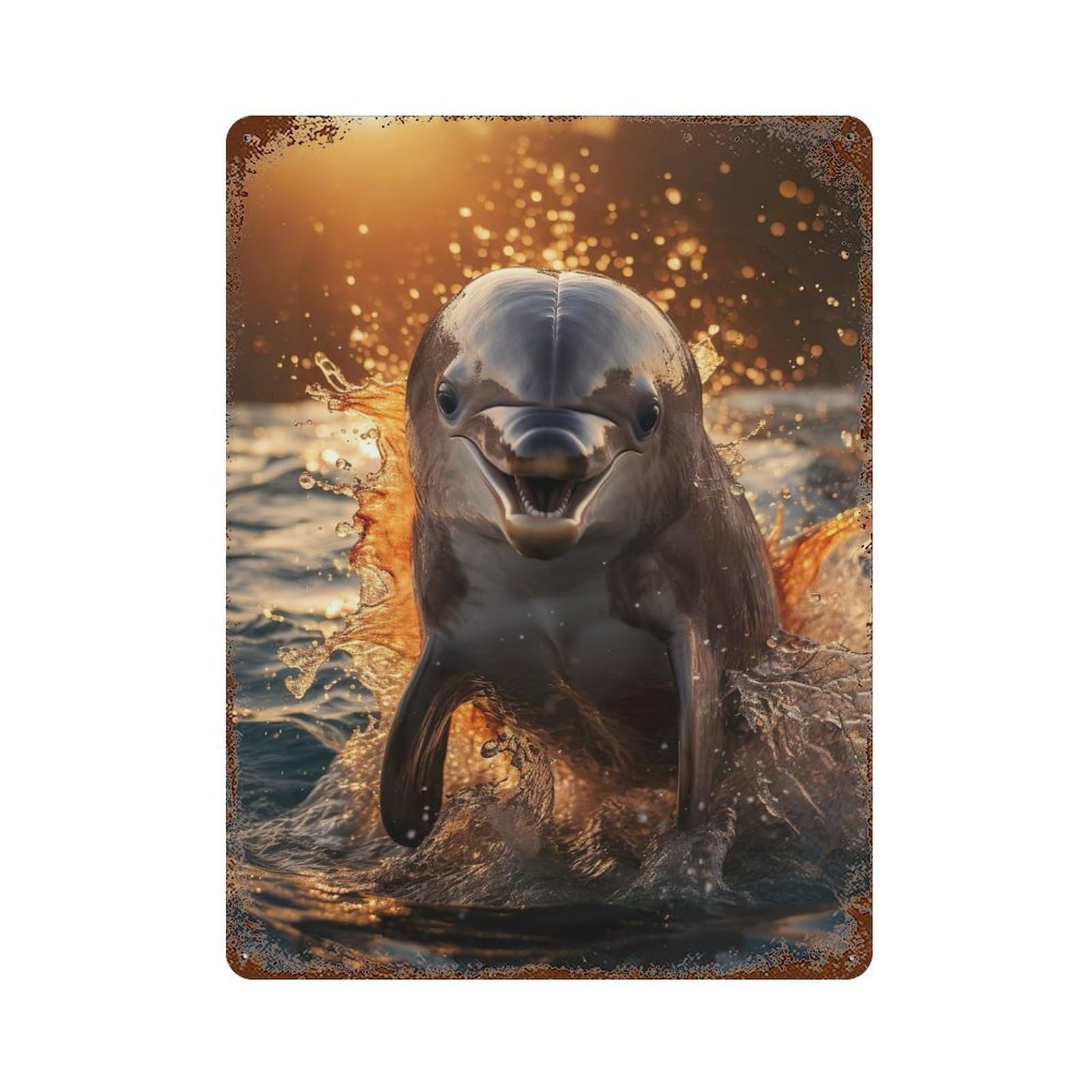 Weathered Tin Sign with Golden Hour Dolphin Design 15.7"x11.8", for Basement, Hobby Room And Garage Decor, Industrial Home Decor