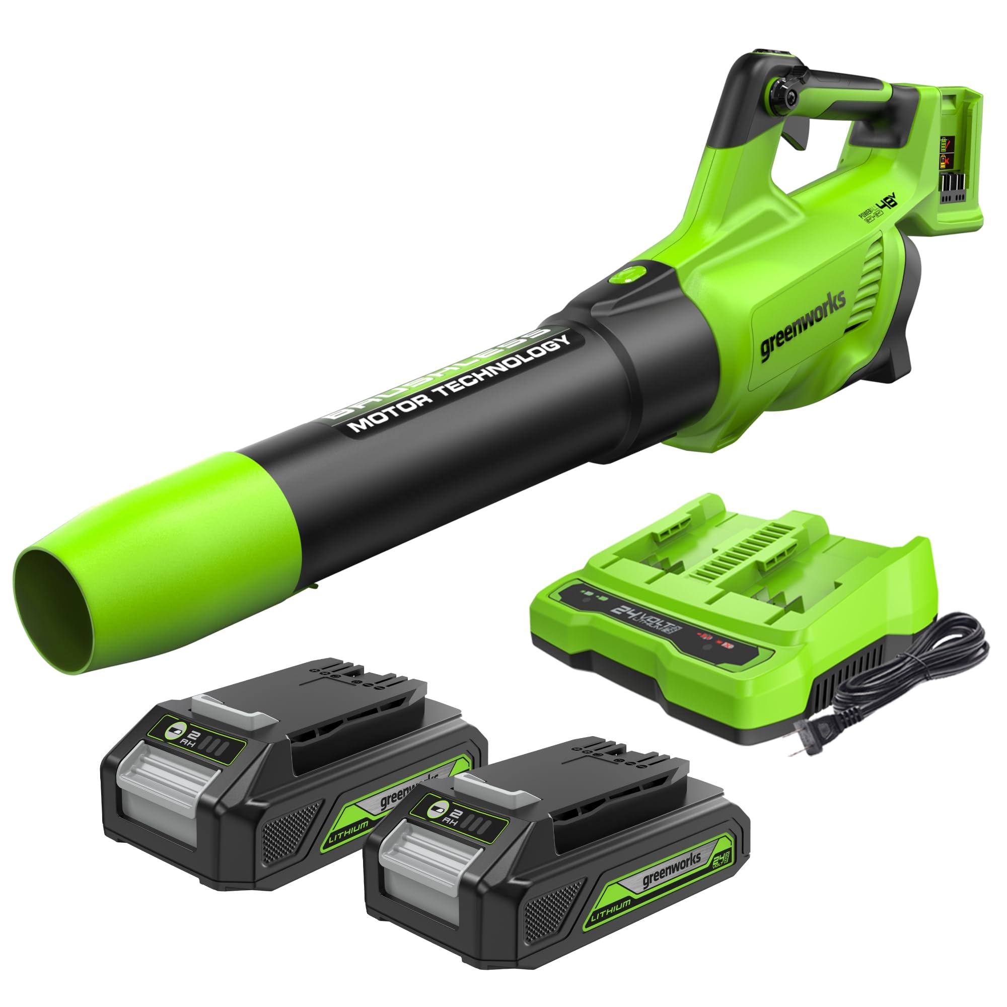 Greenworks 48V(24V x 2) Soplador de Hojas a Batería Axial, con Motor sin Escobillas, Función Turbo, 217 km/h, 16,4 m³/min Dos de las Baterías de y Cargador, Garantía de 3 Años GD24X2AB