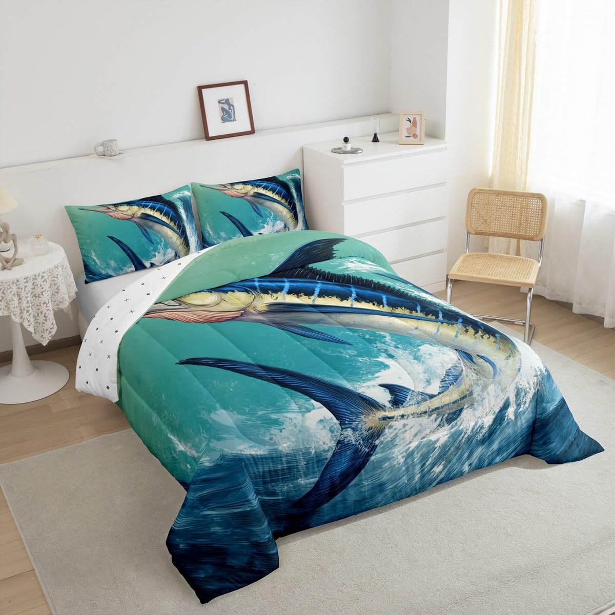 Feelyou Marlin Swordfish Comforter Ocean Fish Bedding Set Nautical Fishing Hunting Comforter Set for Boys Girls Teens Decor Green Wave Duvet Set Twin Size Boys