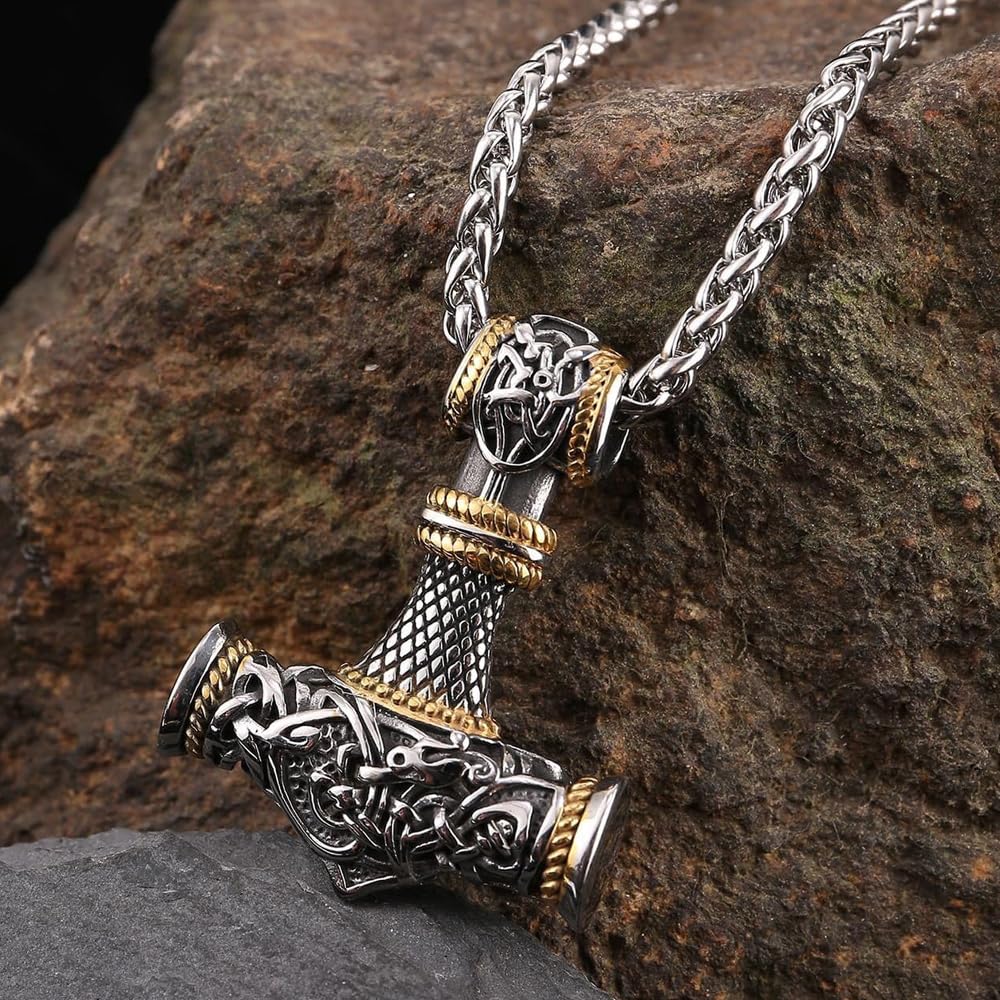Łańcuszek na szyję z młotem i thor, wisiorek z młotem Thora, celtycki węzeł, dla mężczyzn, stal nierdzewna, 60 cm, m, Stal nierdzewna