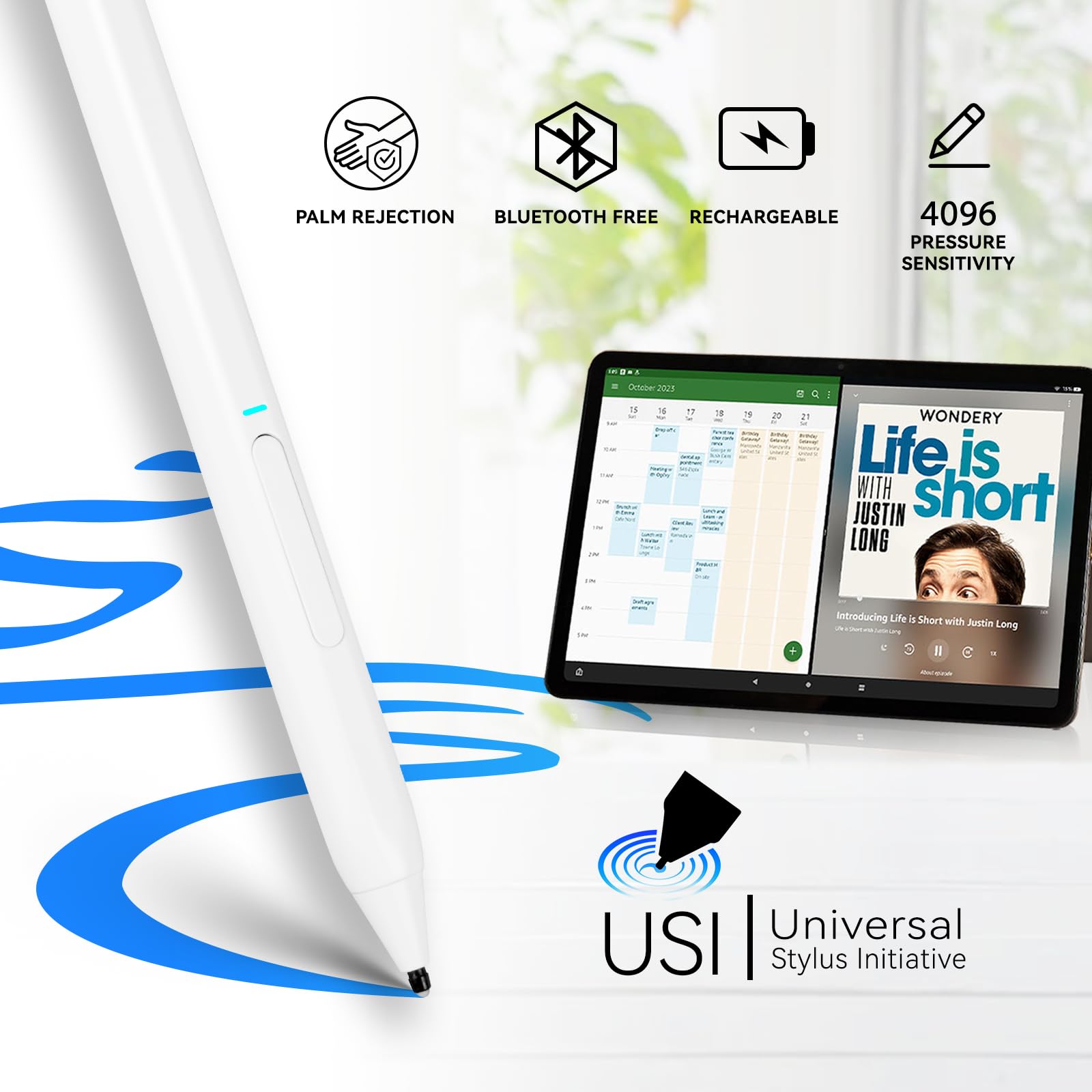 Penna stilo certificata USI 2.0, funzione Palm Rejetion Tilt 4096, sensibilità alla pressione, penna USI per Lenovo Chromebook Duet/Google Pixel, tablet bianco