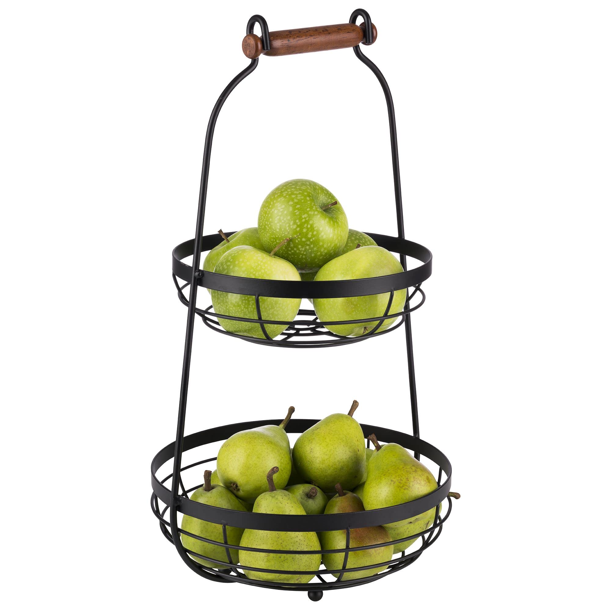 APS Telaio da portata con due cesti e manico in legno, 2 livelli in metallo, nero, altezza 48 cm, diametro 26 cm