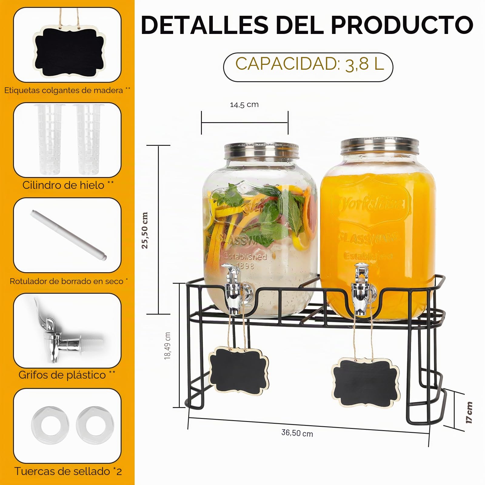 Dispensador de bebidas de cristal para fiestas, paquete de 2 unidades, 1 litro, con soporte y grifo, 100% a prueba de fugas, dispensador de limonada con cilindro de hielo y pizarra