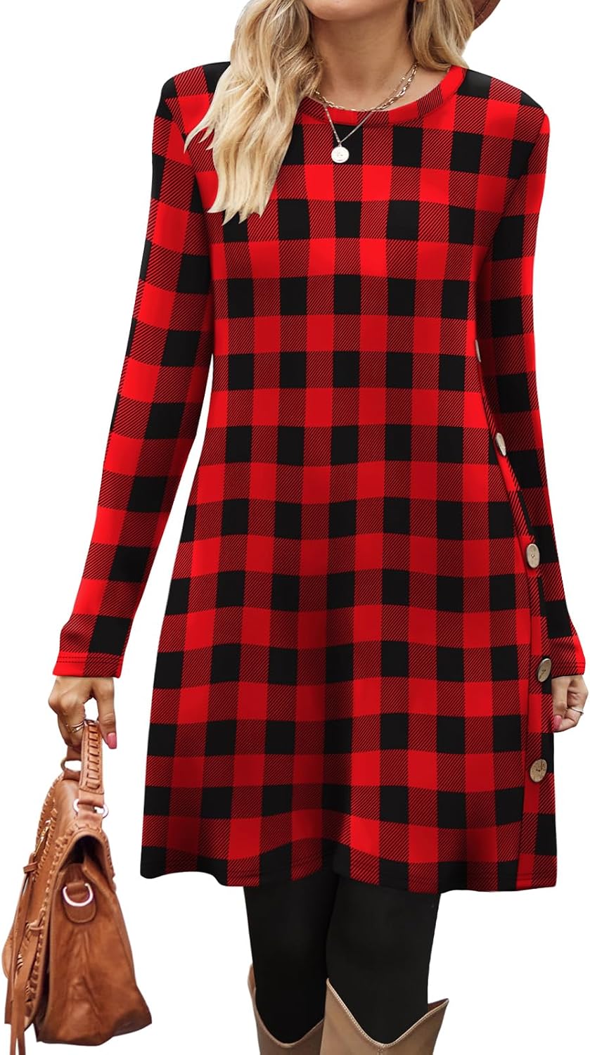 OFEEFAN Fall and Winter Tunic Dress with Pockets Long Sleeve Crew Neck Buttons Side - Image 4