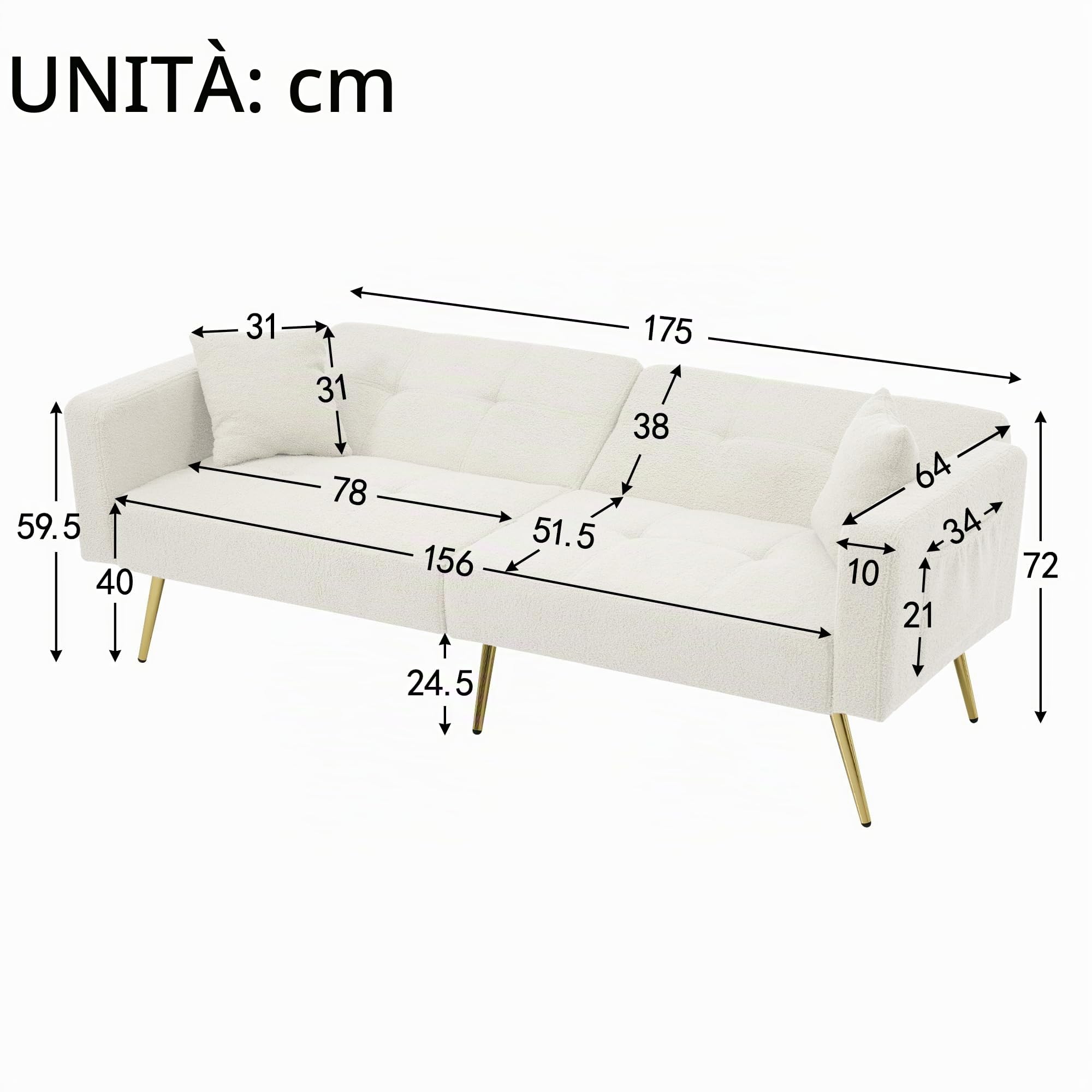Divano letto con funzione letto, divano a 2 posti, angolo regolabile, gambe dorate, con cuscino e tasche laterali (bianco)