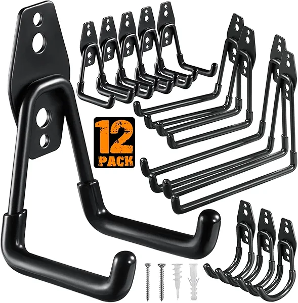 HUPBIPY 12 Pack Garage Hooks Heavy Duty Utility Steel with Anti-Slip Coating Wall Mount Storage Organizer for Hanging Power and Garden Tools, Ladders, Hose, Bikes, Ropes, Bulk Items, and More