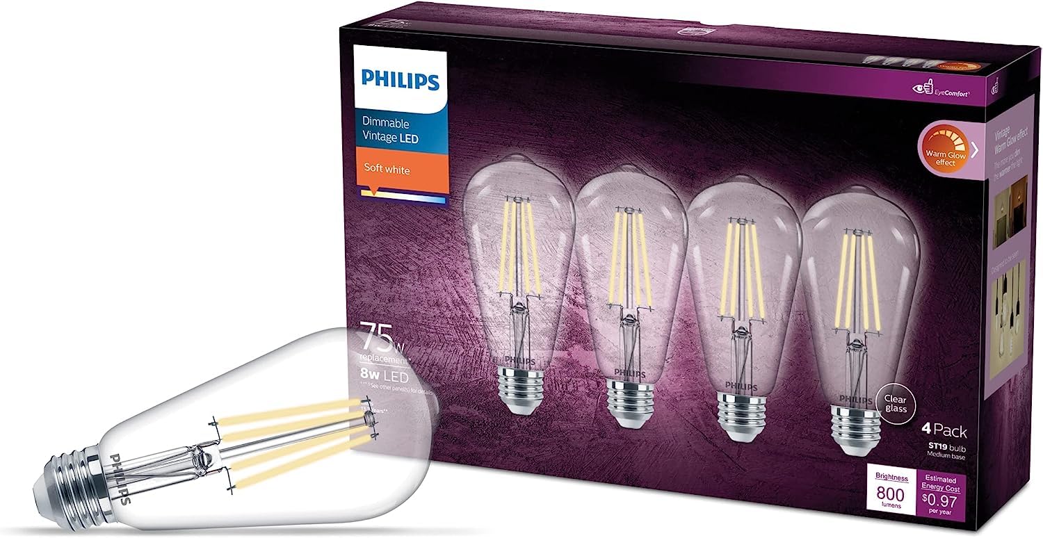 PHILIPS LED 75W ST19 4-Pack Vintage Edison Spiral Soft White (2700K) 800 Lumen (8W = 75W) Dimmable Clear Flicker-Free Light Bulbs