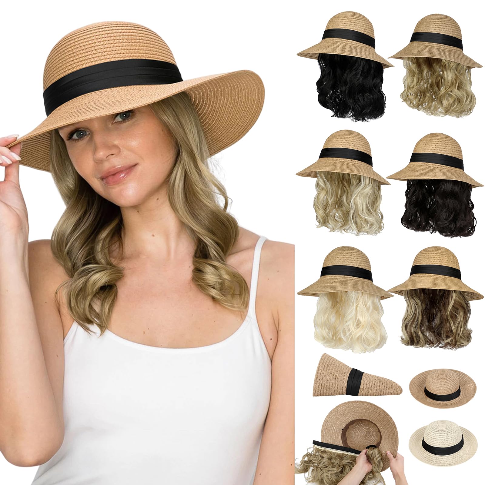 Cephermer Sun Hat, Straw Hat Wig Detachable Adjustable Cap with 12 Inch Synthetic Wavy Hair Extensions Foldable for Women Summer Beach Outdoors Ash
