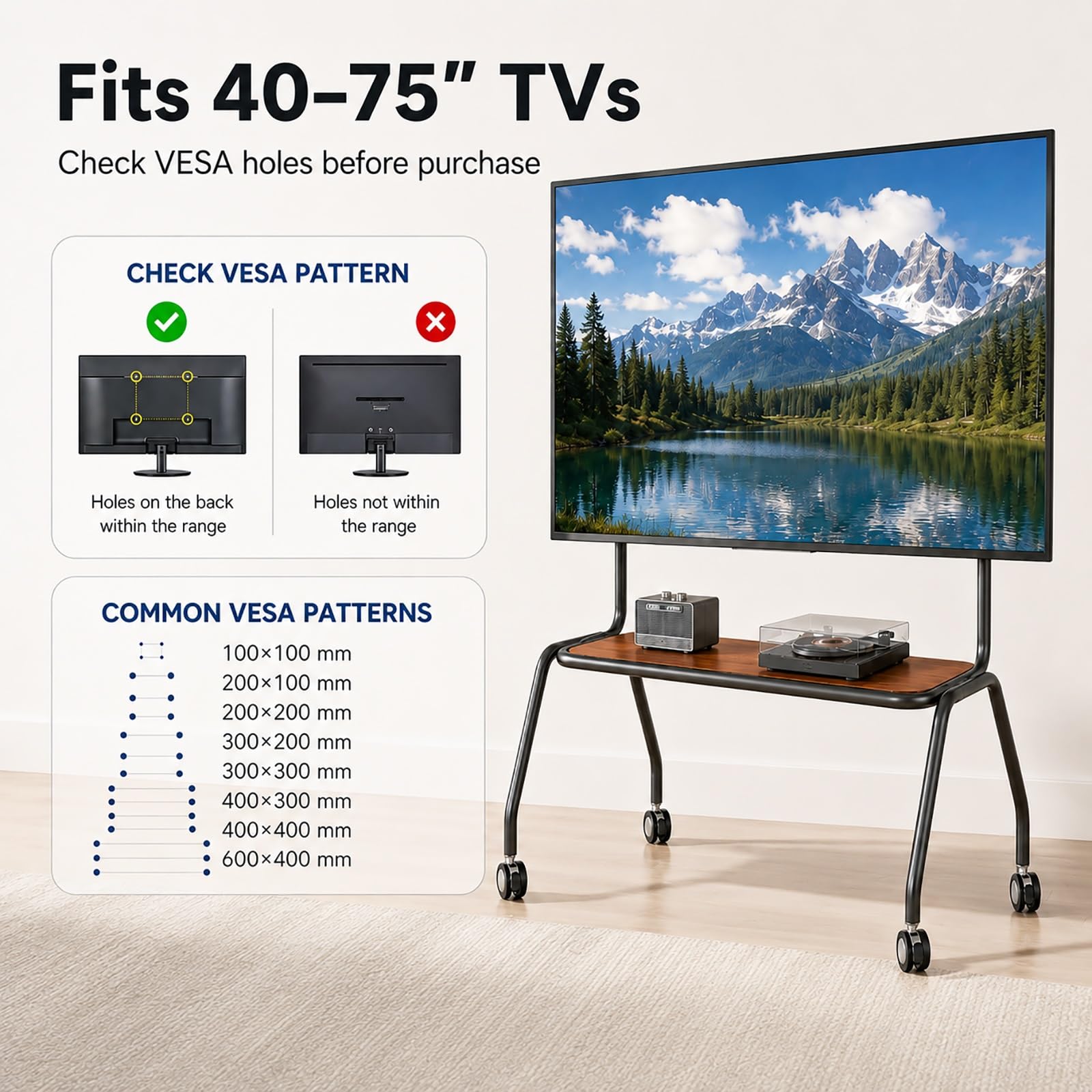 Supporto TV Mobile con Ruote, Supporto TV Autoportante | Robusto Telaio in Acciaio al Carbonio, Ripiano Portaoggetti per TV da 40–75 Pollici(Brown,120cm/47in)