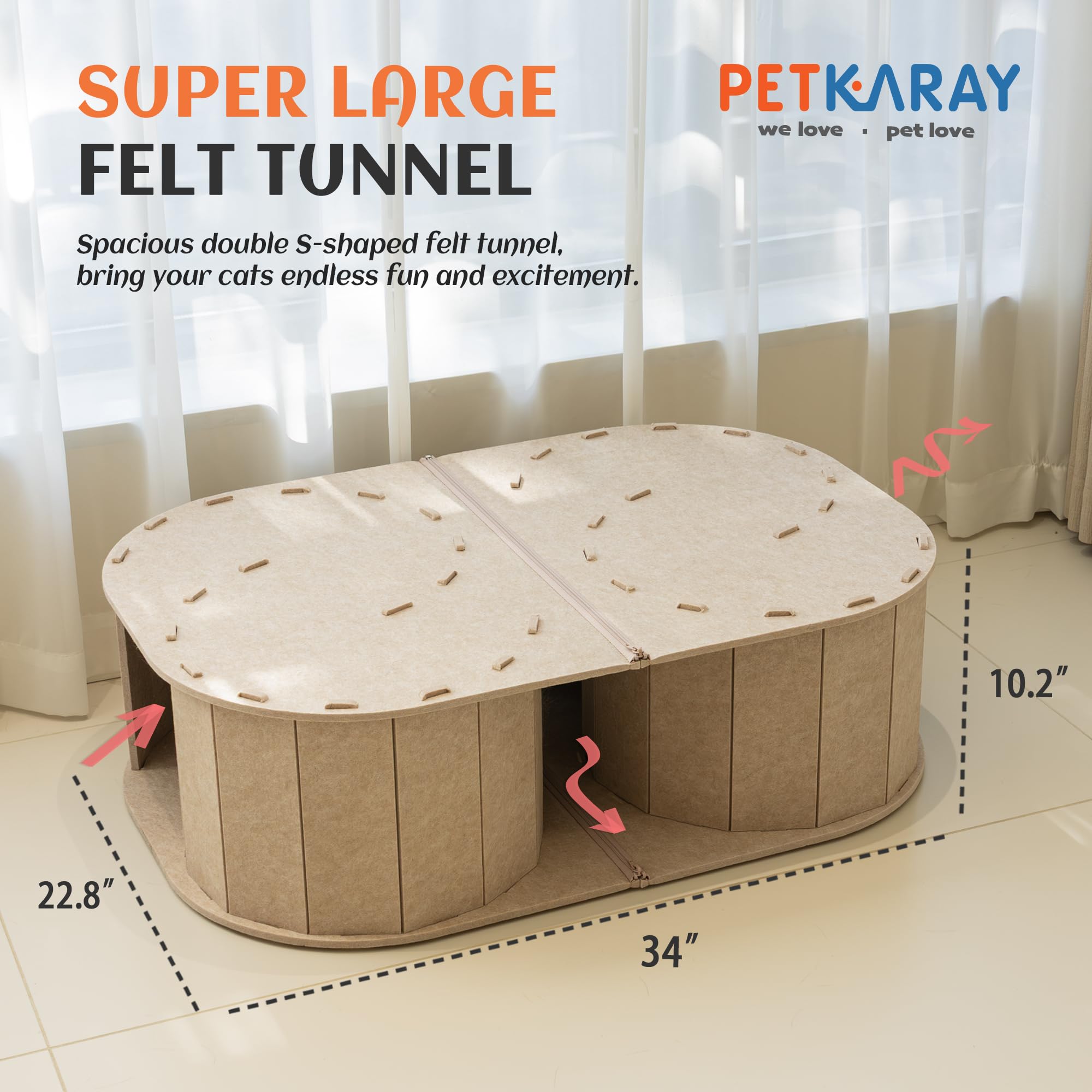 PETKARAY Großer Katzentunnel aus Filz, doppeltes S-förmiges Versteck für Indoor-Katzen, interaktives Katzenbett, Höhle und Versteck 86,4 x 57,9 x 25,9 cm, Beige