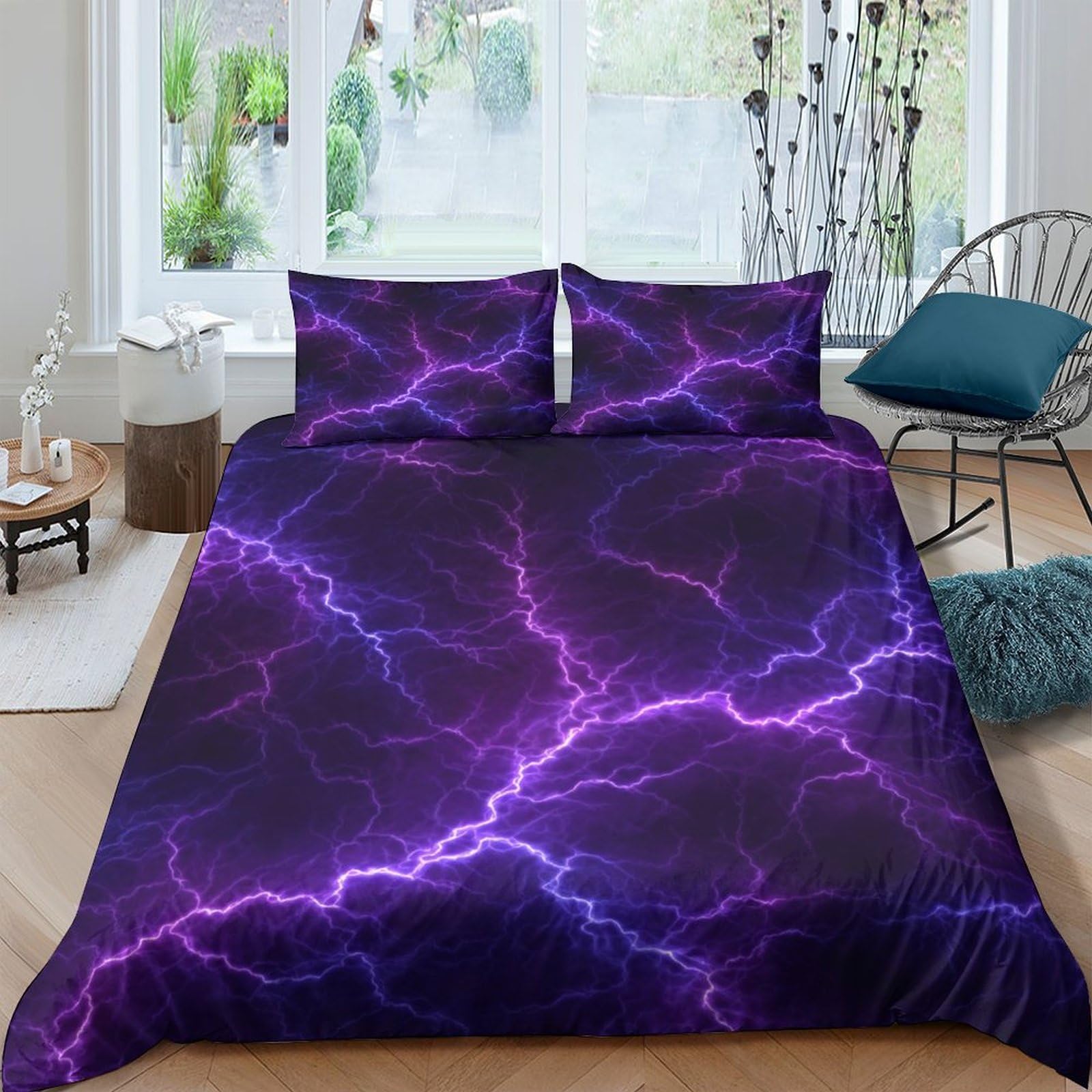 Ctjqhvkz Style-2 3D Printed Purple Lightning Fitted Sheet Microfiber Soft Slip-Resistant Thunderstorm Bed Cover Bedroom Decor Single（135X200cm）