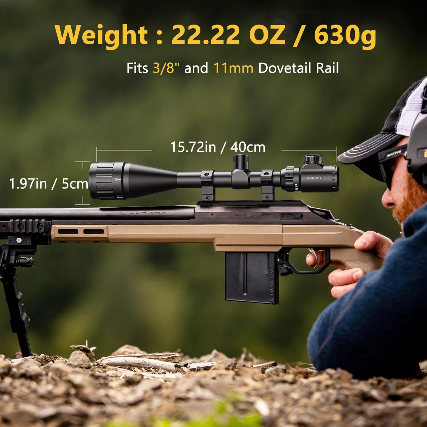 CVLIFE 6-24x50 AO Rifle Scope for Hunting - Red and Green Illuminated Reticle - Long Range 1 inch Tube RifleScope with Scope Rings