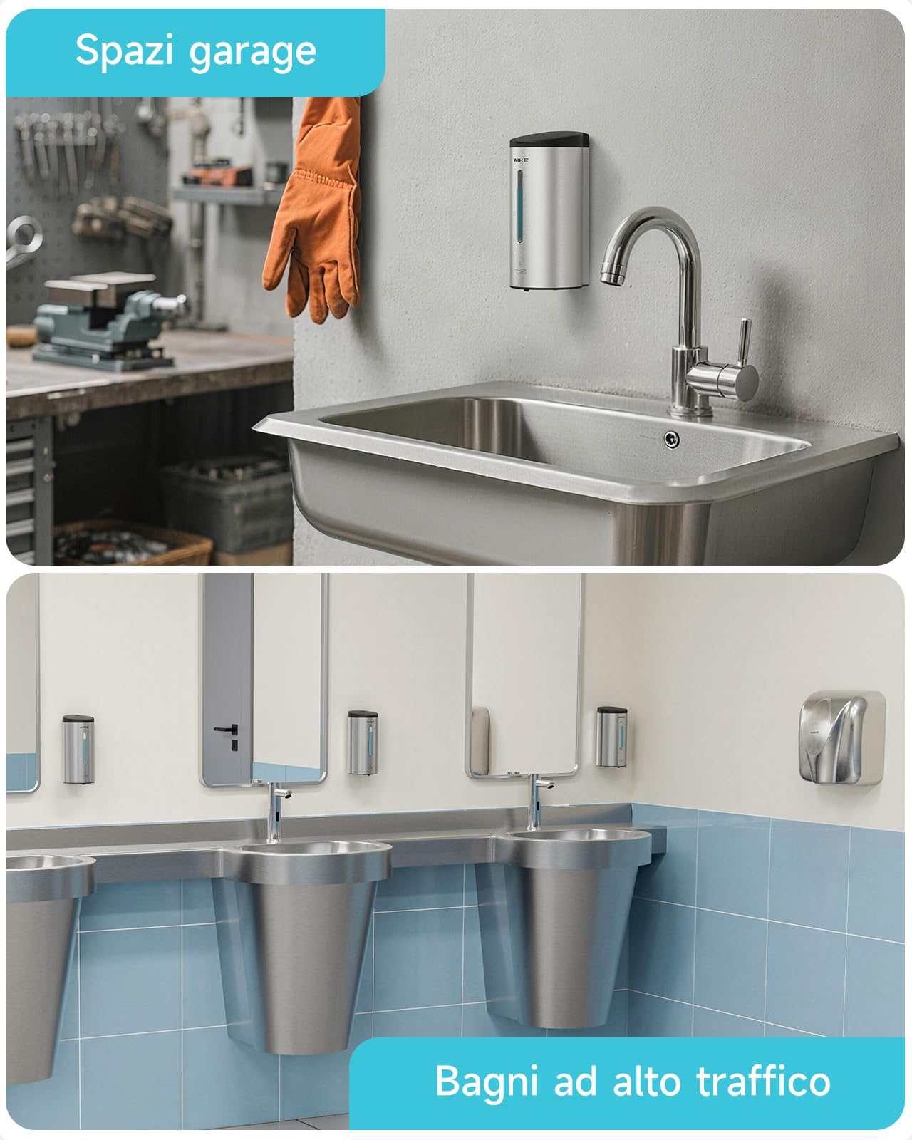 AIKE AK1205E Dispenser di Sapone Automatico da Parete, Grande Capacità in Acciaio Inox per Sala da Pranzo e Bagno