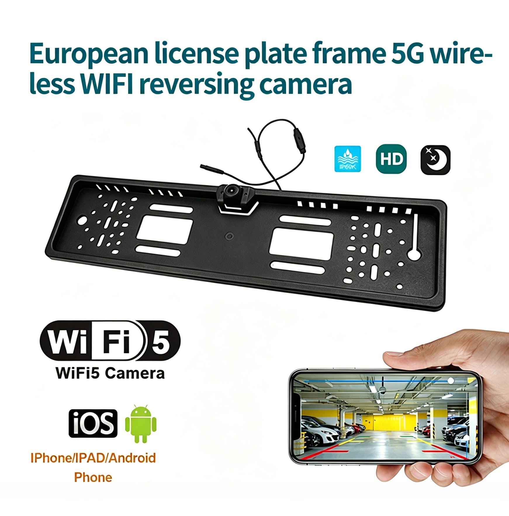 Caméra de recul pour Plaque d'immatriculation sans Fil WiFi5 – Angle Large 170°, Vision Nocturne HD étanche, dashcam, Compatible Android et iOS pour Voiture, Camping-Car, Fourgon