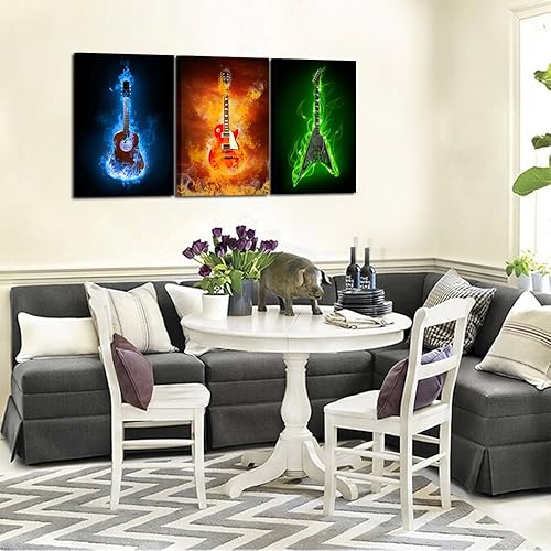 Miniatura 3 de KREATIVE ARTS - 3 impresiones en lienzo con diseño de guitarra eléctrica que quema fuego, arte de pared, arte de pared con instrumentos musicales