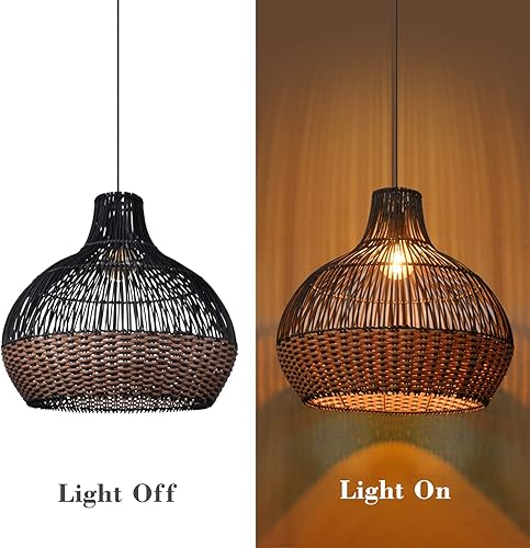 Miniatura 5 de Arturesthome Luces colgantes de ratán negro, lámpara de mimbre estilo bohemio, accesorio de iluminación de cesta, lámpara colgante grande de tejido