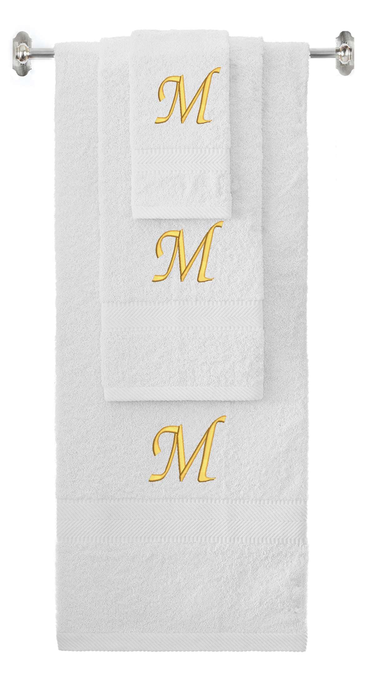 BY LORA Custom Embroidered Terry Cotton Ring Spun Bath Towel, Hand Towel and Washcloth Set - White Towel Set, Gold Chancery Initial M