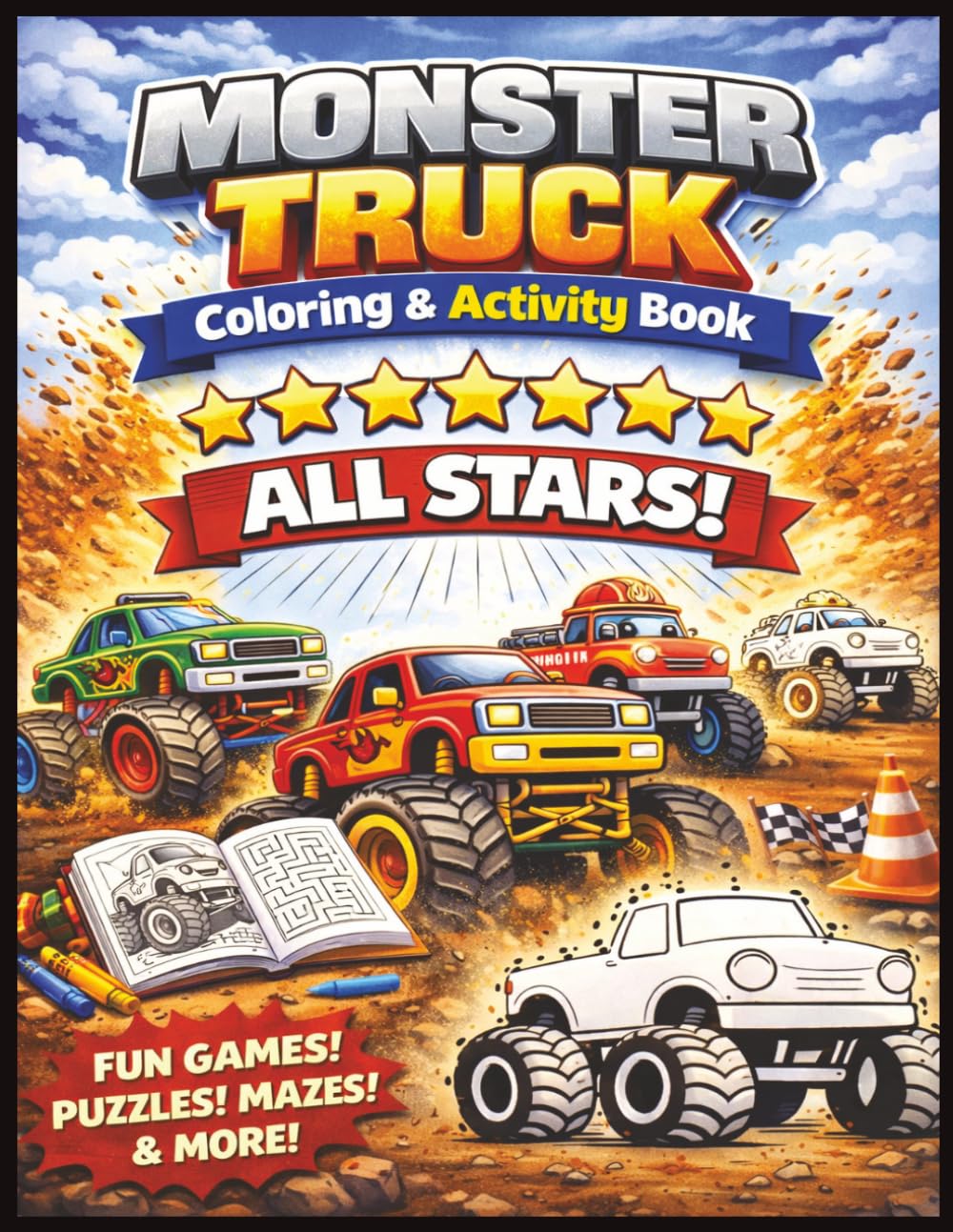 Monster Truck Coloring & Activity Book: Fun Games, Puzzles, Mazes & Coloring Pages for Kids