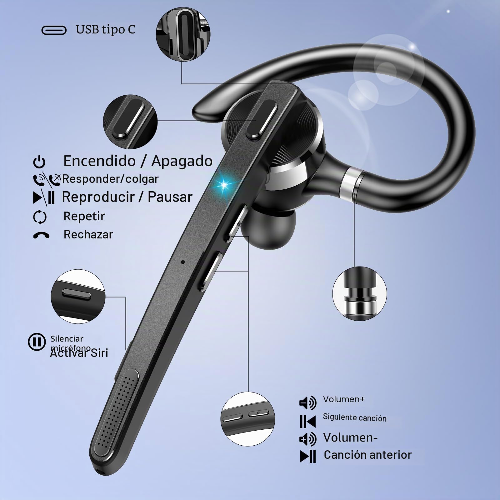 Thunelec Auriculares Manos Libres, 90 Horas aptx Auricular Bluetooth Mono con Doble Mic Cancelación de Ruido, Conexión Dual, Botón Mudo, Auriculares Manos para Camioneros, Negocios y Deporte, Gris