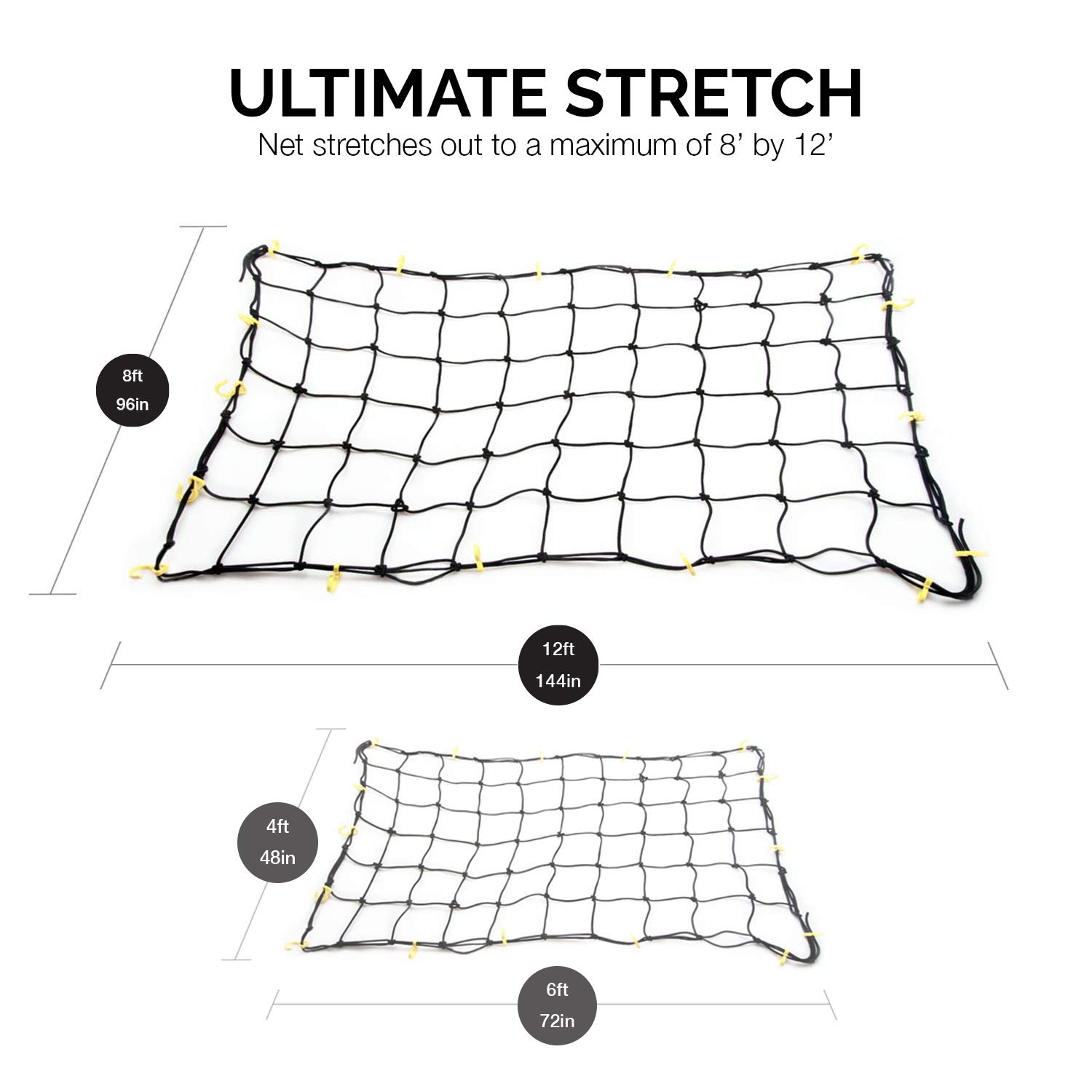 NEIKO 50971A 4'x6' Super Duty Cargo Net | Bungee Net Stretches to 8'x12' | 16 Pcs Detachable hooks, 4 Carabiners, Small 4"x4" Mesh Protects Small Items, for SUV, ATV/UTV, RV, Pickup Truck Bed, Trailer