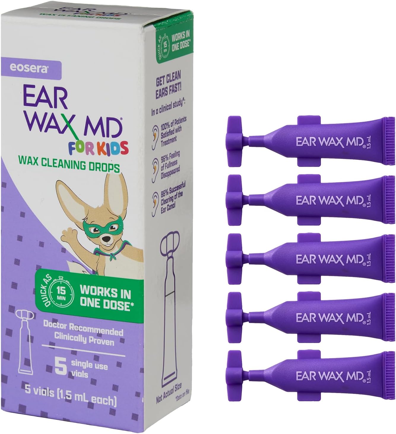 eosera® Ear Wax MD® for Kids - Wax Cleaning Drops 5pk Single Use Vials | Fast-Acting | Breaks Down & Dissolves Wax in Just 1 Treatment | Clinically Proven | Gentle & Safe