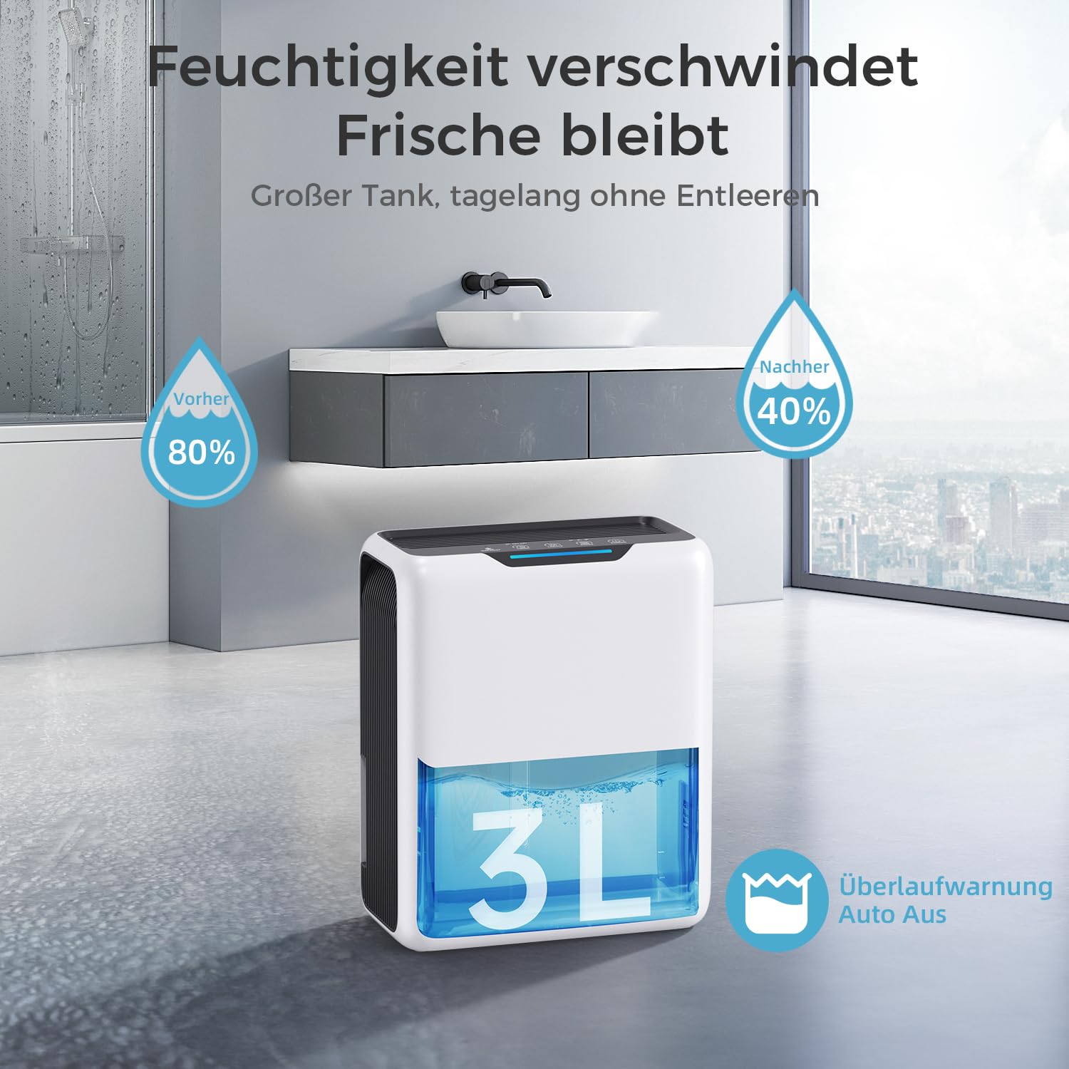 Deshumidificador 3000 ml, Silencioso 30 dB, para Dormitorio 20 m² | 800 ml/Día, 2 Velocidades, Apagado & Descongelación Auto, Temporizador 24H, Modo Nocturno, para Dormitorio, Baño, Armario