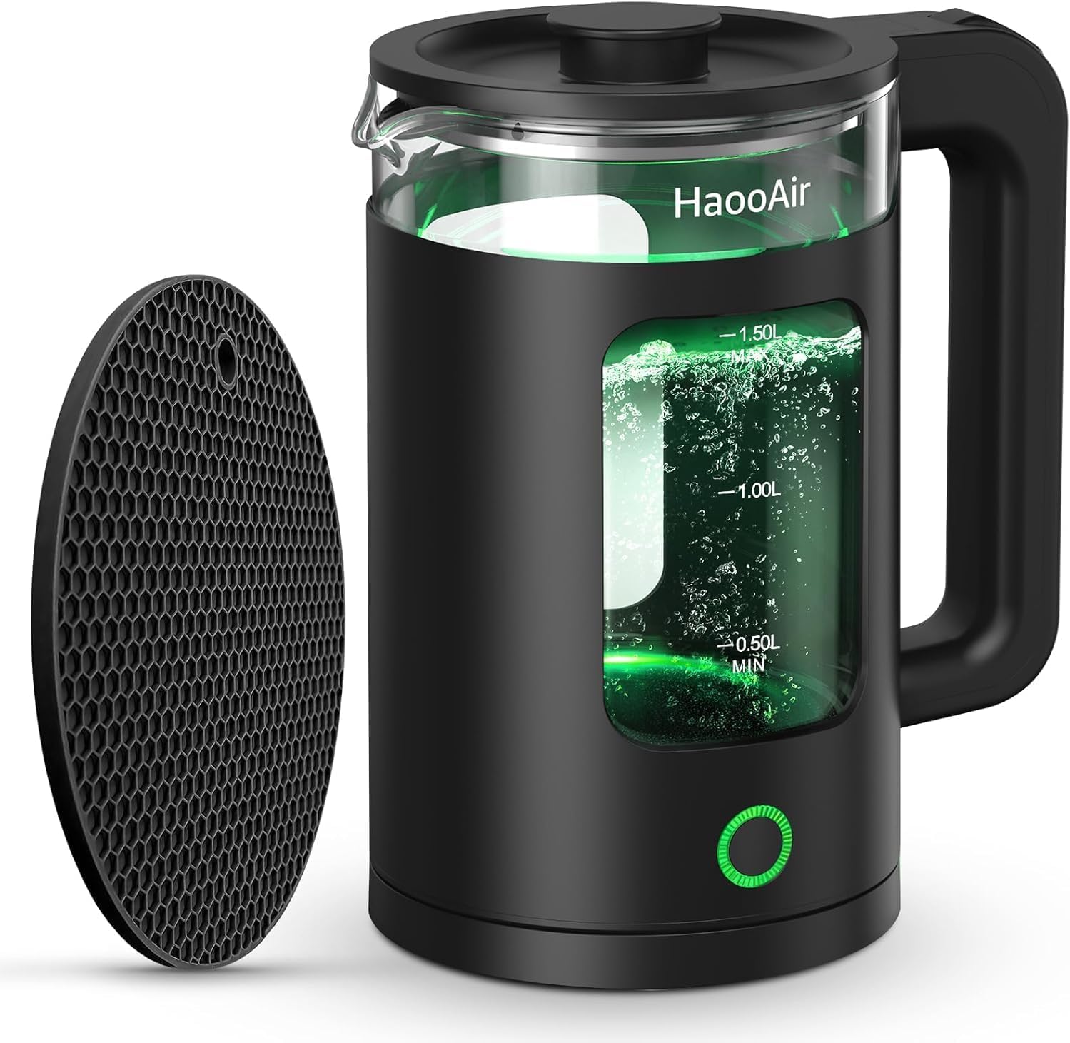 1.5 L Electric Kettle, Made of Easy-To-Clean Glass Material, Boils Quickly and Silently, BPA-Free, Equipped with a Green LED Light and a Black Mat, and Features Dry-Burn Protection.