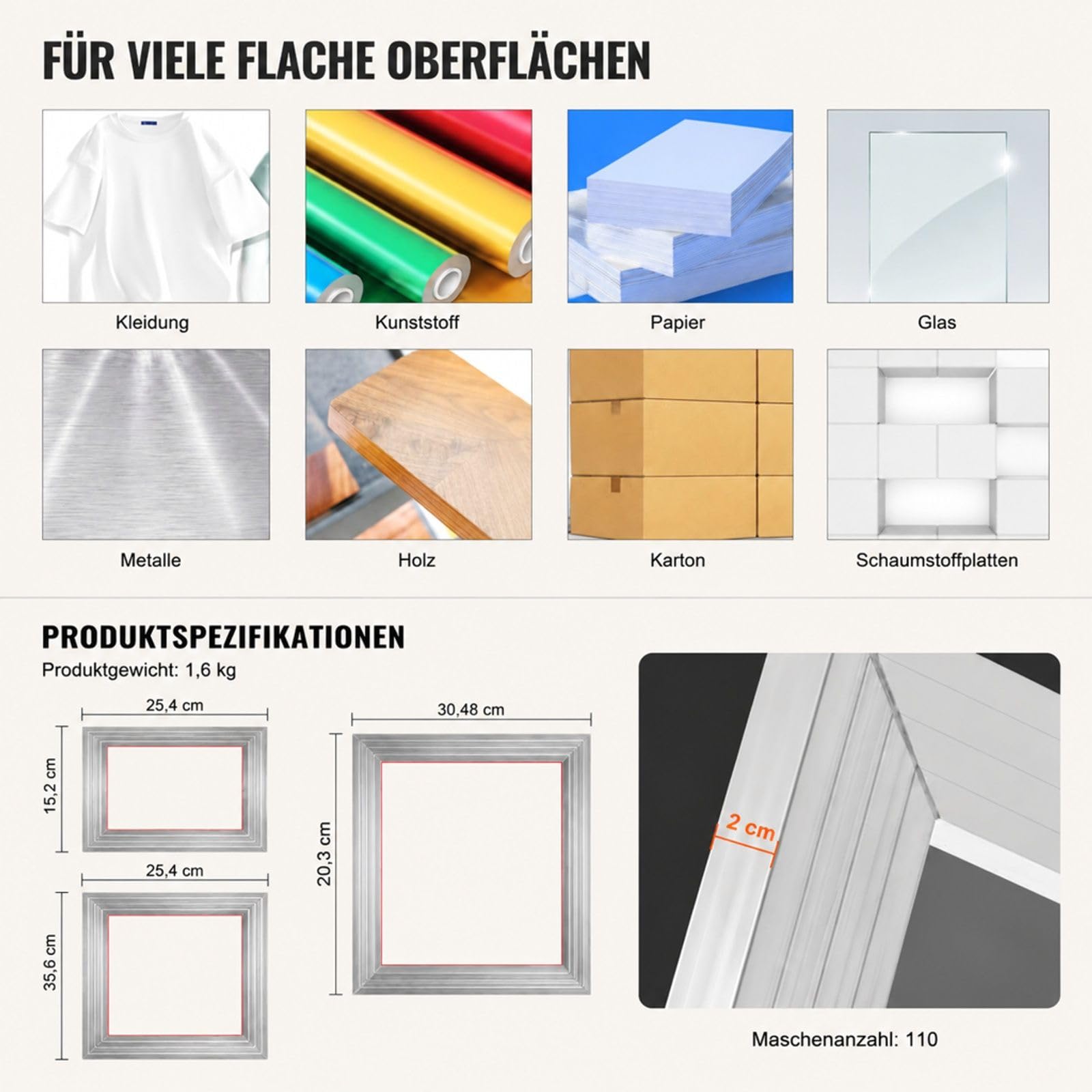 Siebdruck-Set mit 3 Aluminium-Siebdruckrahmen, 110 Mesh, Rakeln und transparenten Folien für T-Shirts