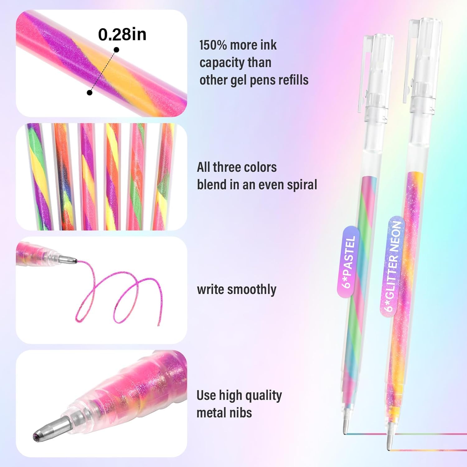 Mixing Of Magic Glitter Pastel Gel Pens 12 Pack Rainbow