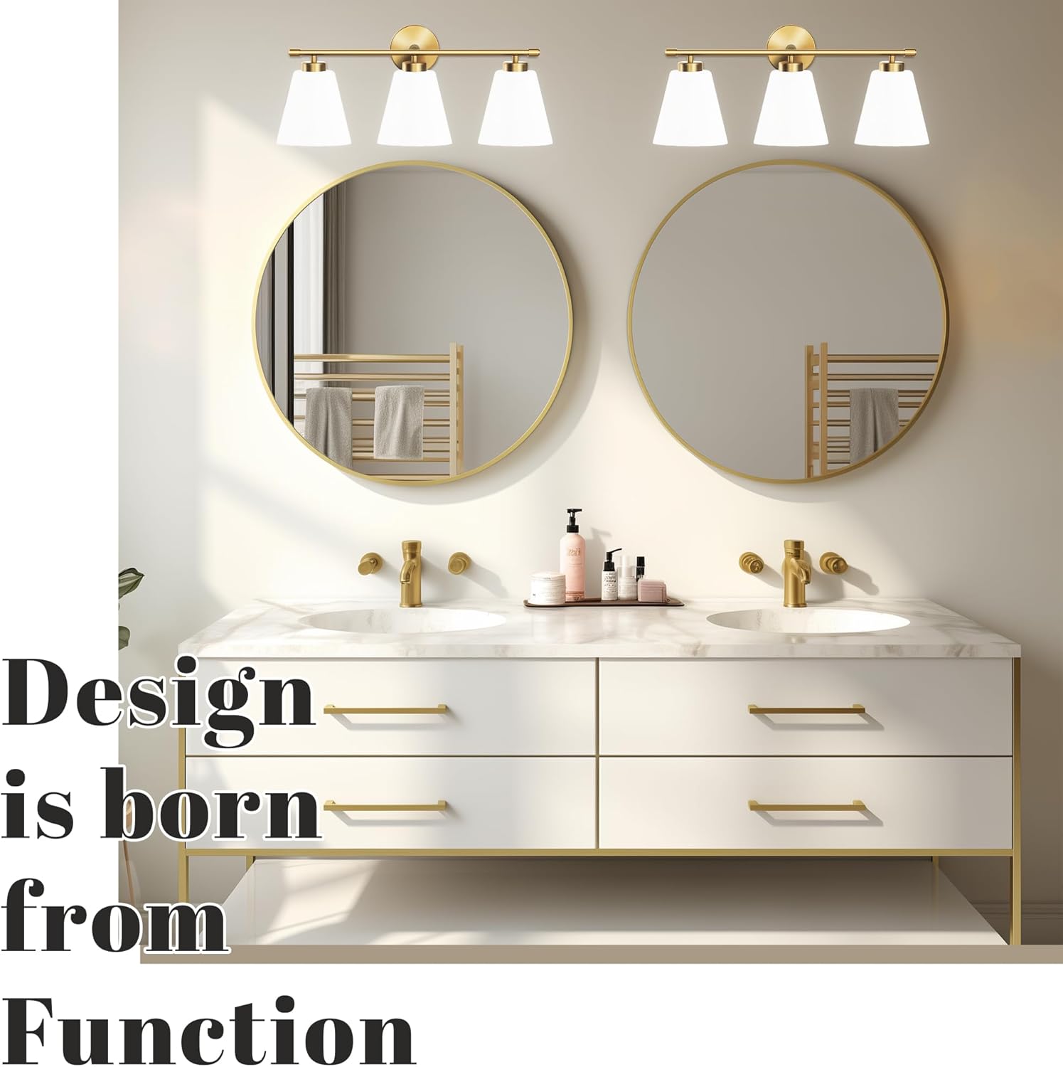 Hamilyeah Gold Bathroom Vanity Light Fixtures Over Mirror, 3 Light Vanity Lights with Frosted Glass, Industrial Vanity Lighting Fixtures for Bath, Restroom