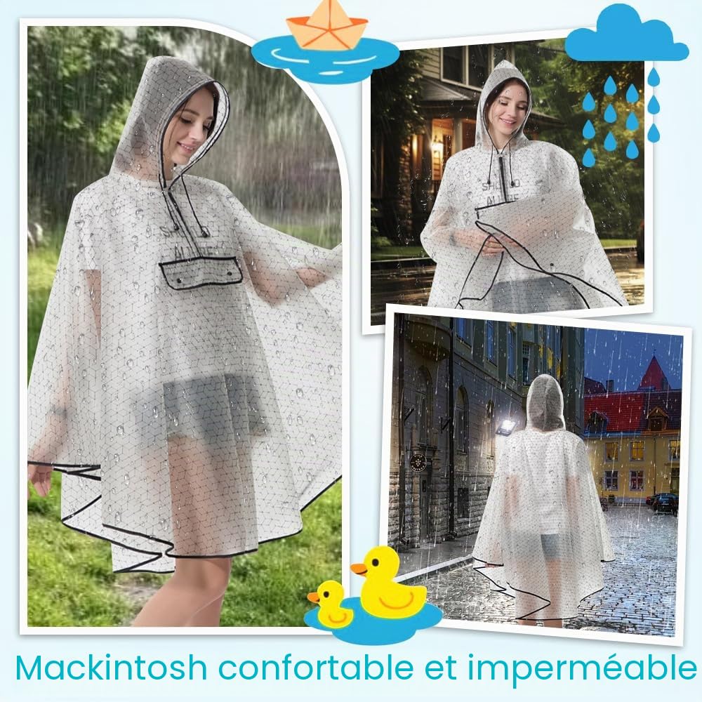 Poncho Pluie Imperméable Cape de Pluie Femme Pliable en EVA Réutilisable avec Sac de Rangement Poncho Imperméable Transparent Vetement Femme pour Velo, Randonnée (Noir)