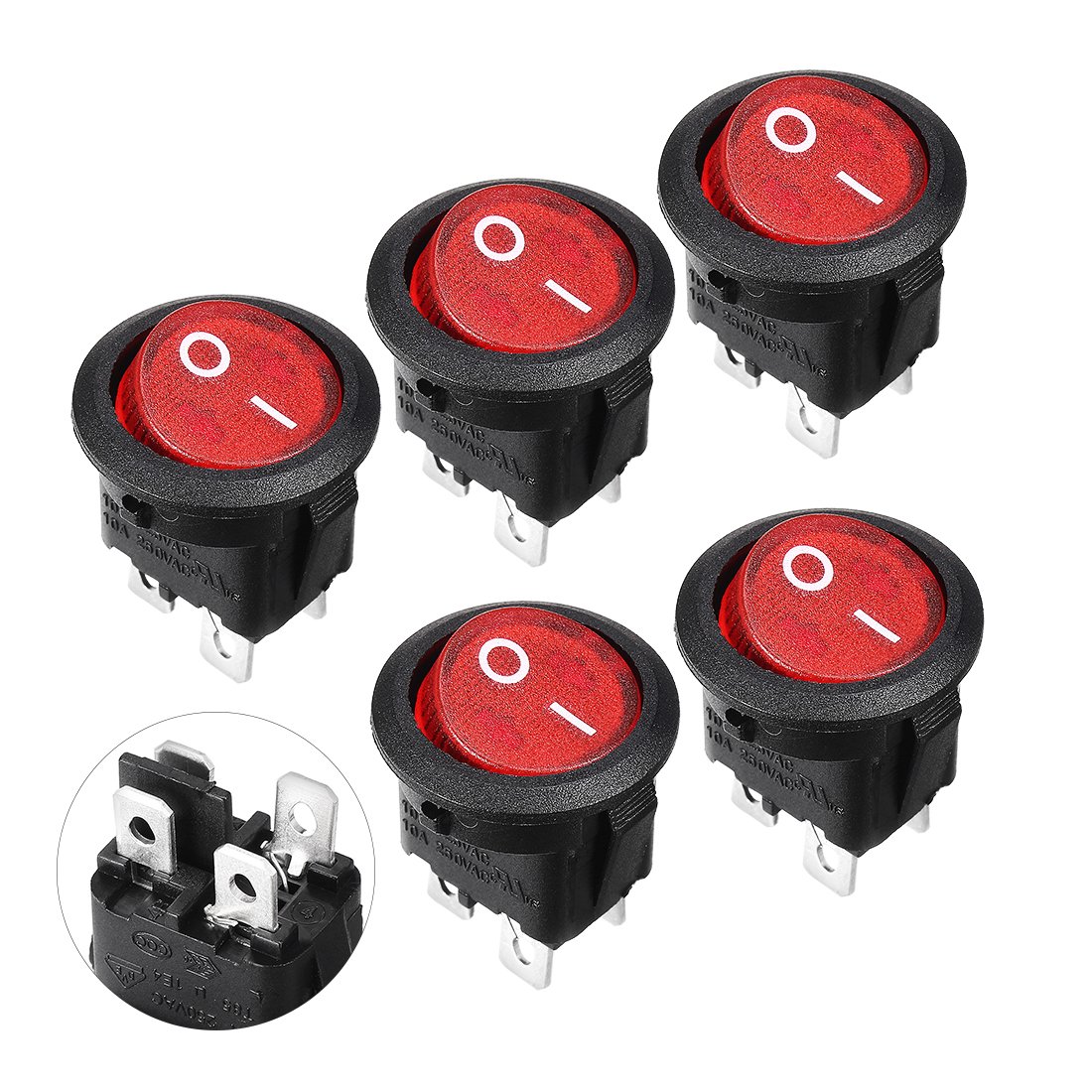 Aexit 5PCS Round Outlets & Accessories Red Lamp 4 Pins DPST Boat Rocker Switch AC 250V 6A Outlet Switches 125V 10A