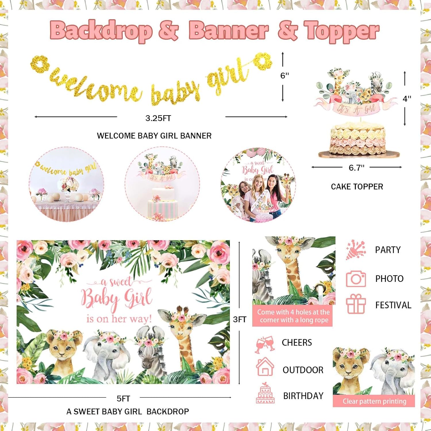 Safari Baby Shower Decorations for Girl, Jungle Themed Décor Backdrop Balloon Garland Arch Artificial Leaves Box Cutout Glitter Banner Cake Topper Sash Lion Cheetah Giraffe Pink 140 PCs