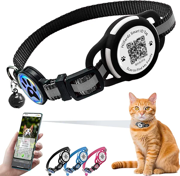 Hiifardz Cat Collar with Airtag Holder & QR Code Tag, Reflective Breakaway Kitten Collar with Quick Release Buckle, Adjustable Nylon Safety Collar for Indoor Outdoor Cats (Black)