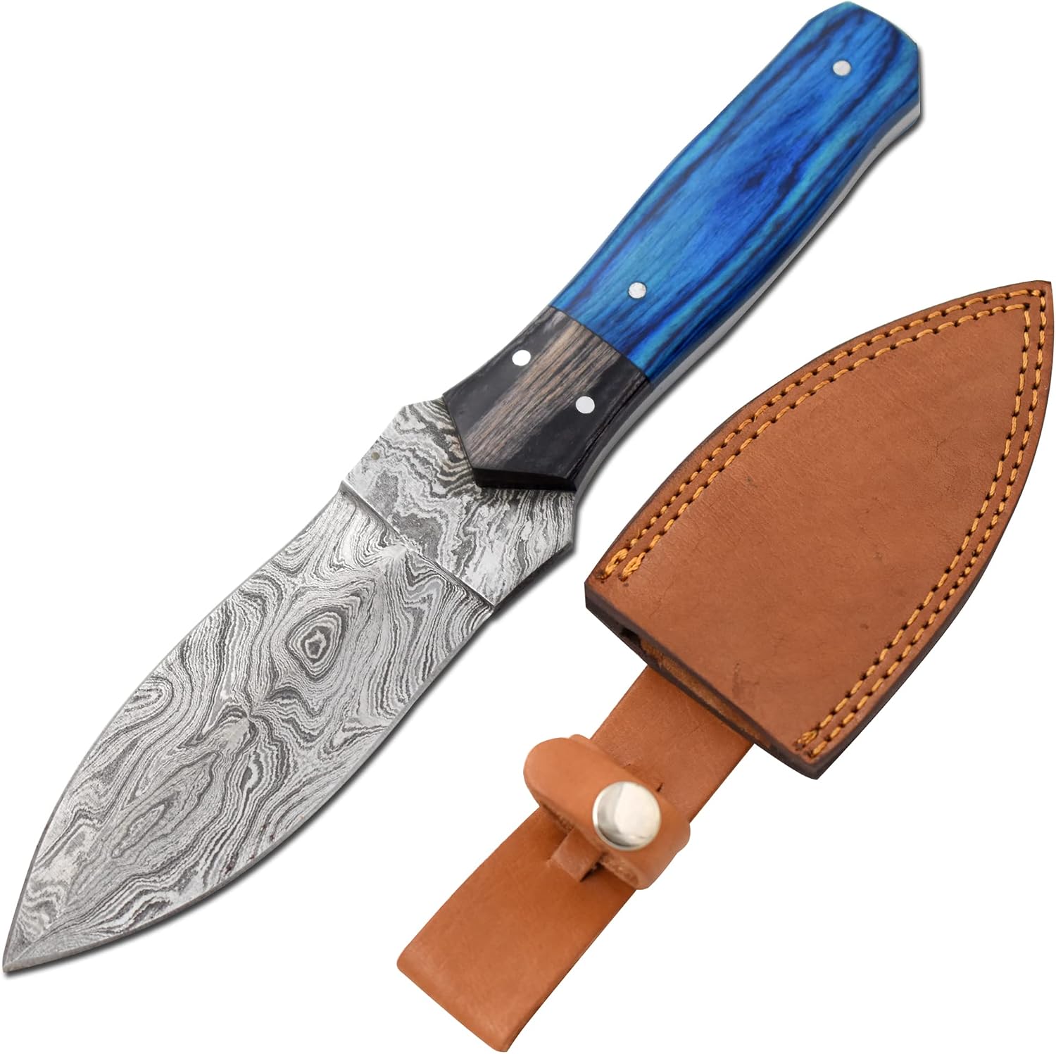 Wild Turkey Handmade Damascus Collection Sgian Dubh Durable Fixed Blade Hunting Knife - Genuine Leather Sheath Included (2145)