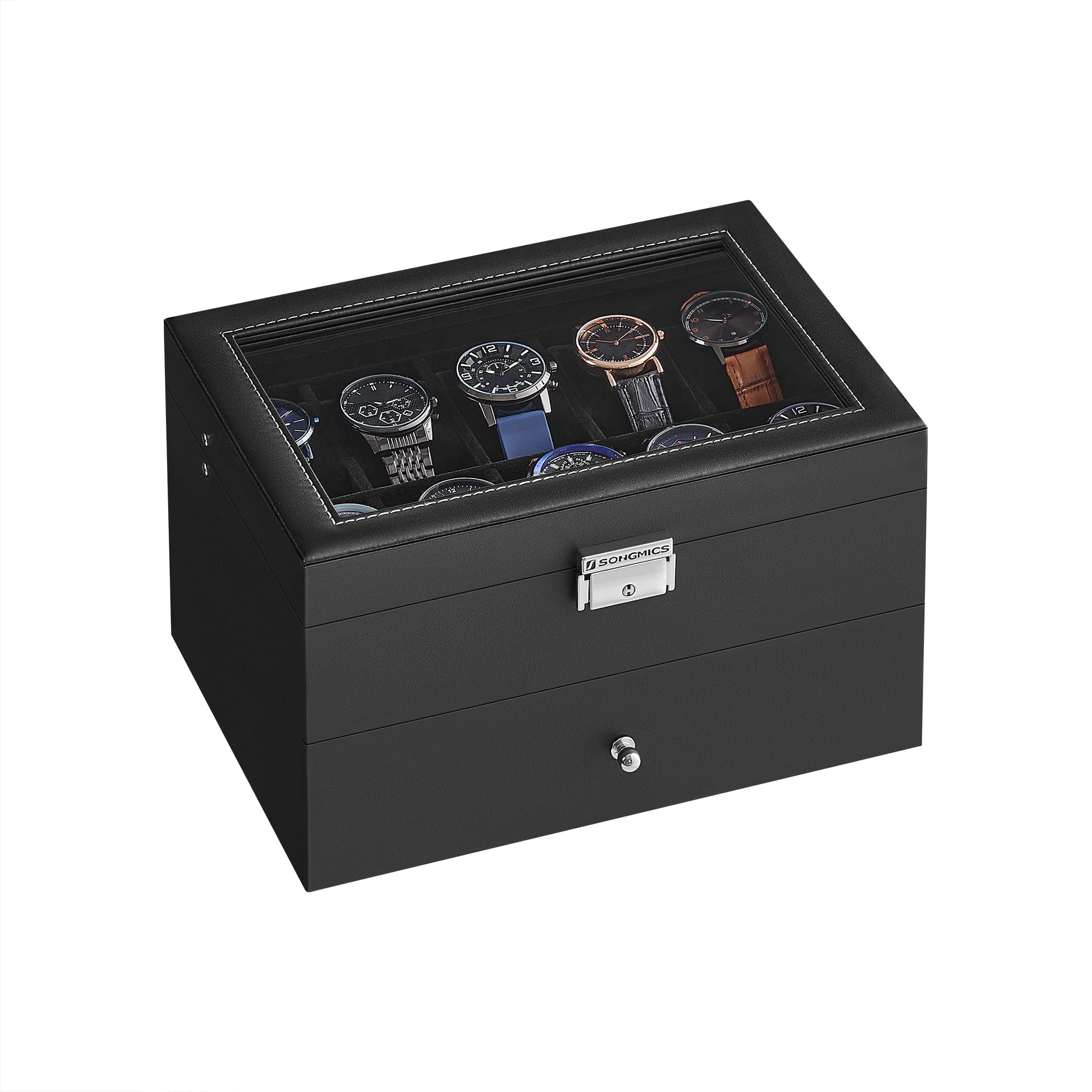 SONGMICS Boîte à Montres 20 Compartiments, Coffret à Montres, avec Couvercle en Verre, Écrin à 2 Niveaux, avec Coussinets Amovibles, Revêtement en Noir et Doublure en Noir JWB020B01